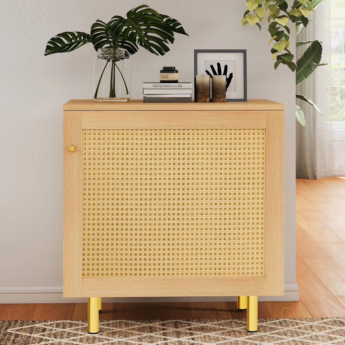 SIDEBOARD 60/40/63 cm mit Rattanfront und Metallbeinen in Natur - Naturfarben, Holzwerkstoff (60/63/40cm) - BEAOK