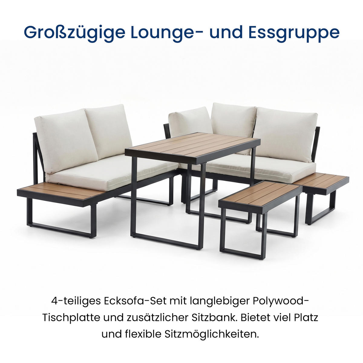 GARTENMÖBEL-SET mit 2 Zweisitzern. 1 Esstisch und 1 Bank. schwarz. beige und dunkle Eiche - Beige/Schwarz, Metall - Home Collective