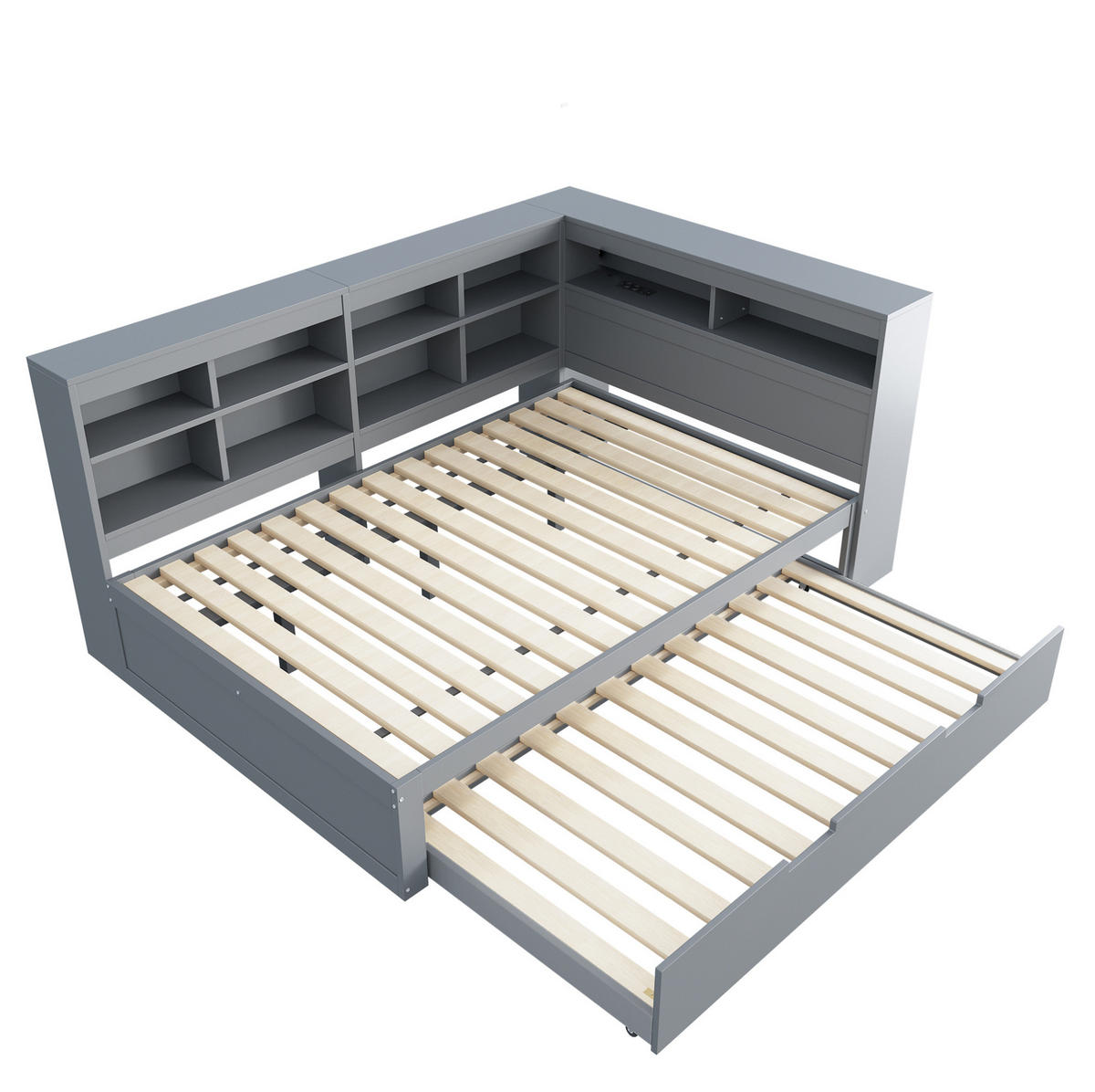 MULTIFUNKTIONSBETT 140/200 cm grau mit Ausziehbettund USB-Steckdose aus Massivholz - Grau, Holz (140/200cm) - OKWISH