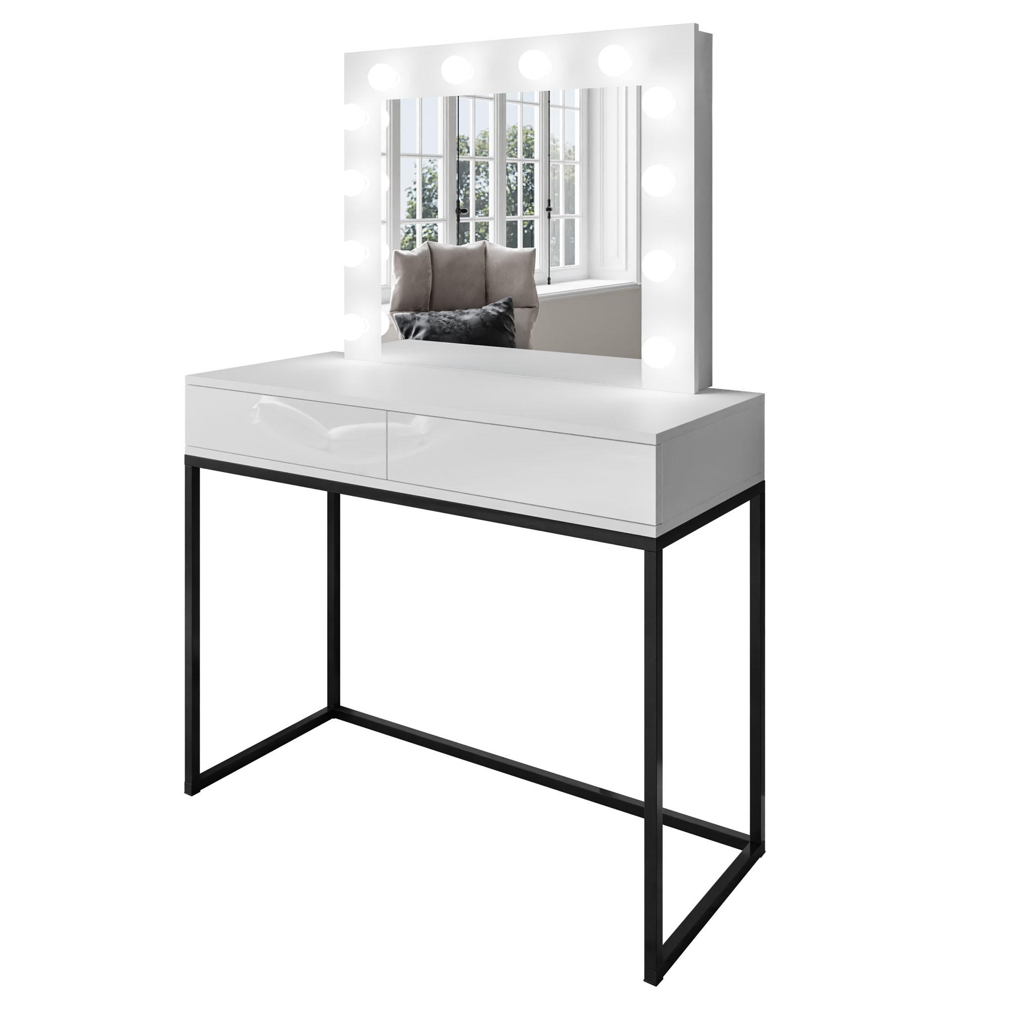 SCHMINKTISCH BLANCO LOFT mit Spiegel und Beleuchtung Weiß Hochglanz PUSH OPEN - Weiß Hochglanz/Schwarz, Holzwerkstoff (100/146/42cm) - Lookway