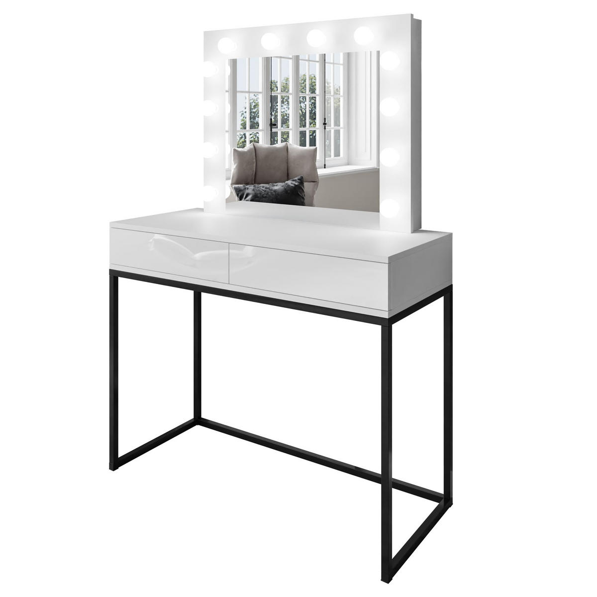 SCHMINKTISCH BLANCO LOFT mit Spiegel und Beleuchtung Weiß Hochglanz PUSH OPEN - Weiß Hochglanz/Schwarz, Holzwerkstoff (100/146/42cm) - Lookway