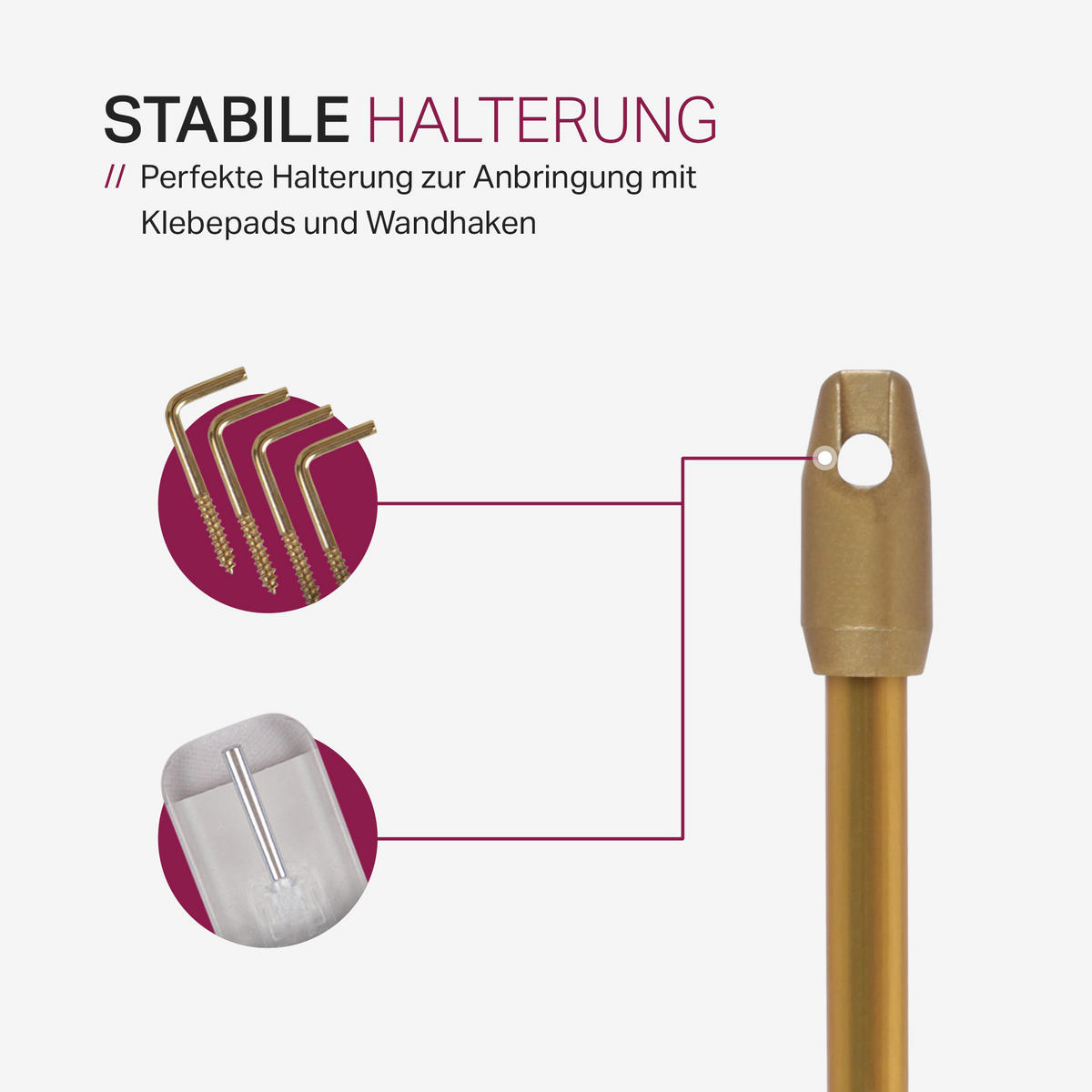 GARDINENSTANGE 2er-Pack Gold Messing glänzend 60-90 cm + 4 Schraubhaken - Goldfarben, Metall (1/60cm)