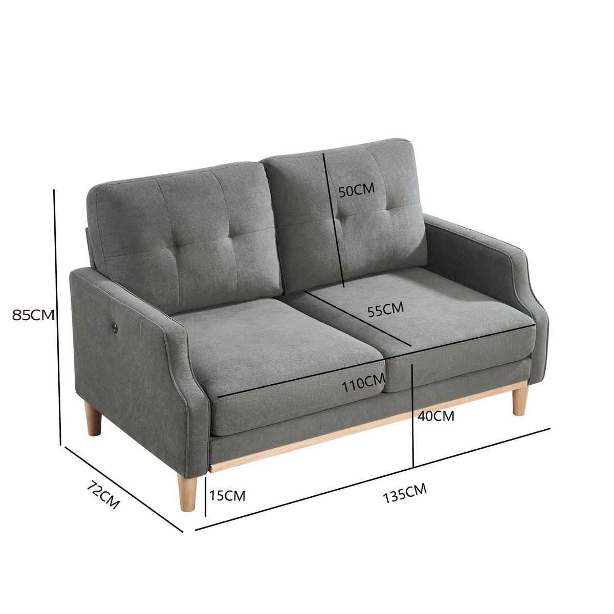 2-SITZER SOFA Polyester Dunkelgrau mit USB - Dunkelgrau, Holz/Holzwerkstoff (135/85/72cm) - WISHDOR
