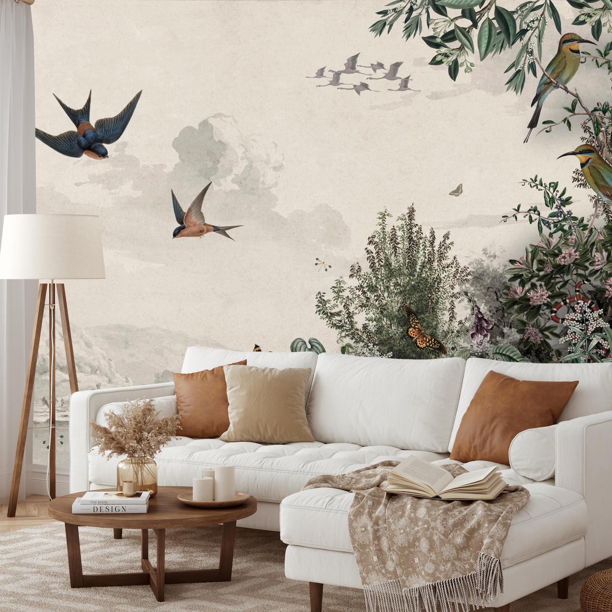 FOTOTAPETE für Wohnzimmer Retro Tropenlandschaft Vögel Büsche 400x280 - Beige/Rot, Papier (400/280cm) - Muralo