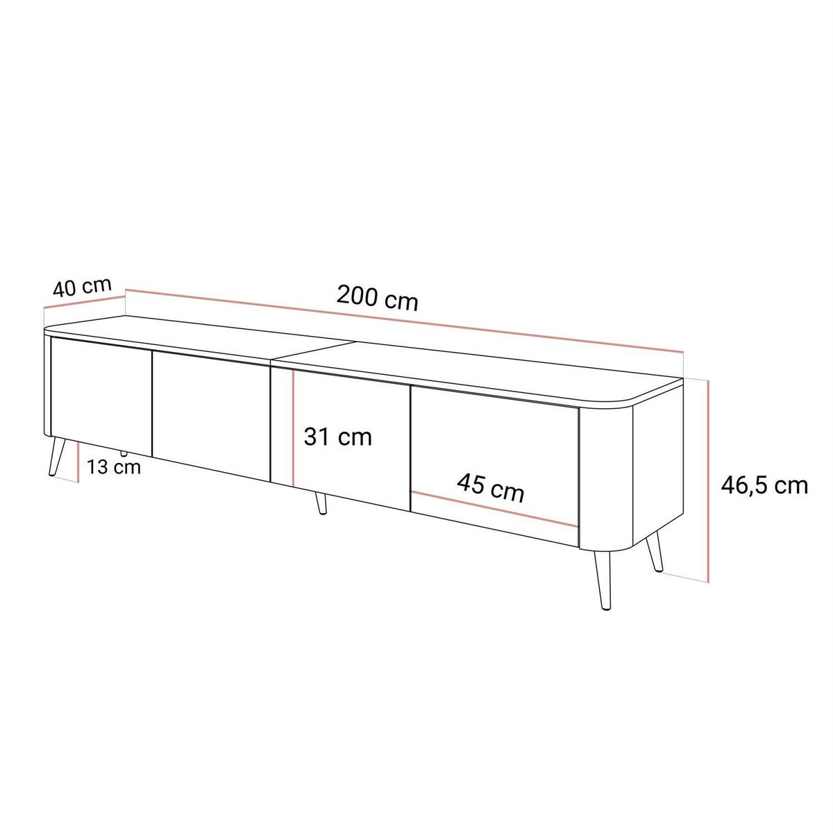 TV-SCHRANK CELESTE 200 cm mit Beleuchtung an den Gold Chrom Füßen - Kaschmir, Holzwerkstoff (200/46.5/40cm) - Lookway
