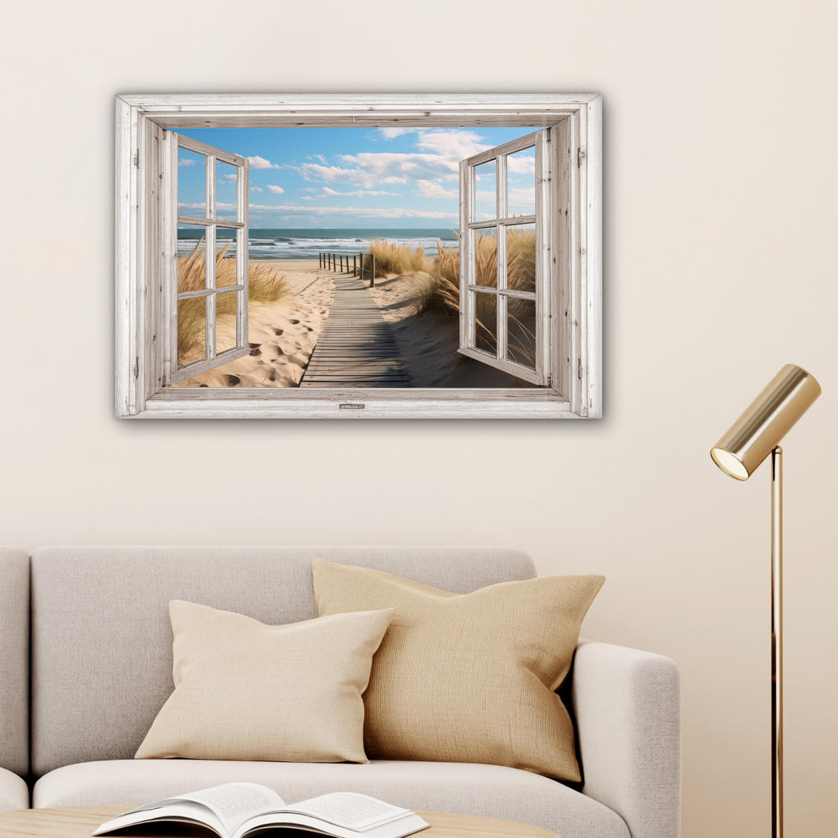 LEINWANDBILD Fenster - Meer - Küste - Natur - Ausblick - Strand - Wattenmeer Wanddeko 90x60 cm - Beige, Textil (90/60cm) - MuchoWow