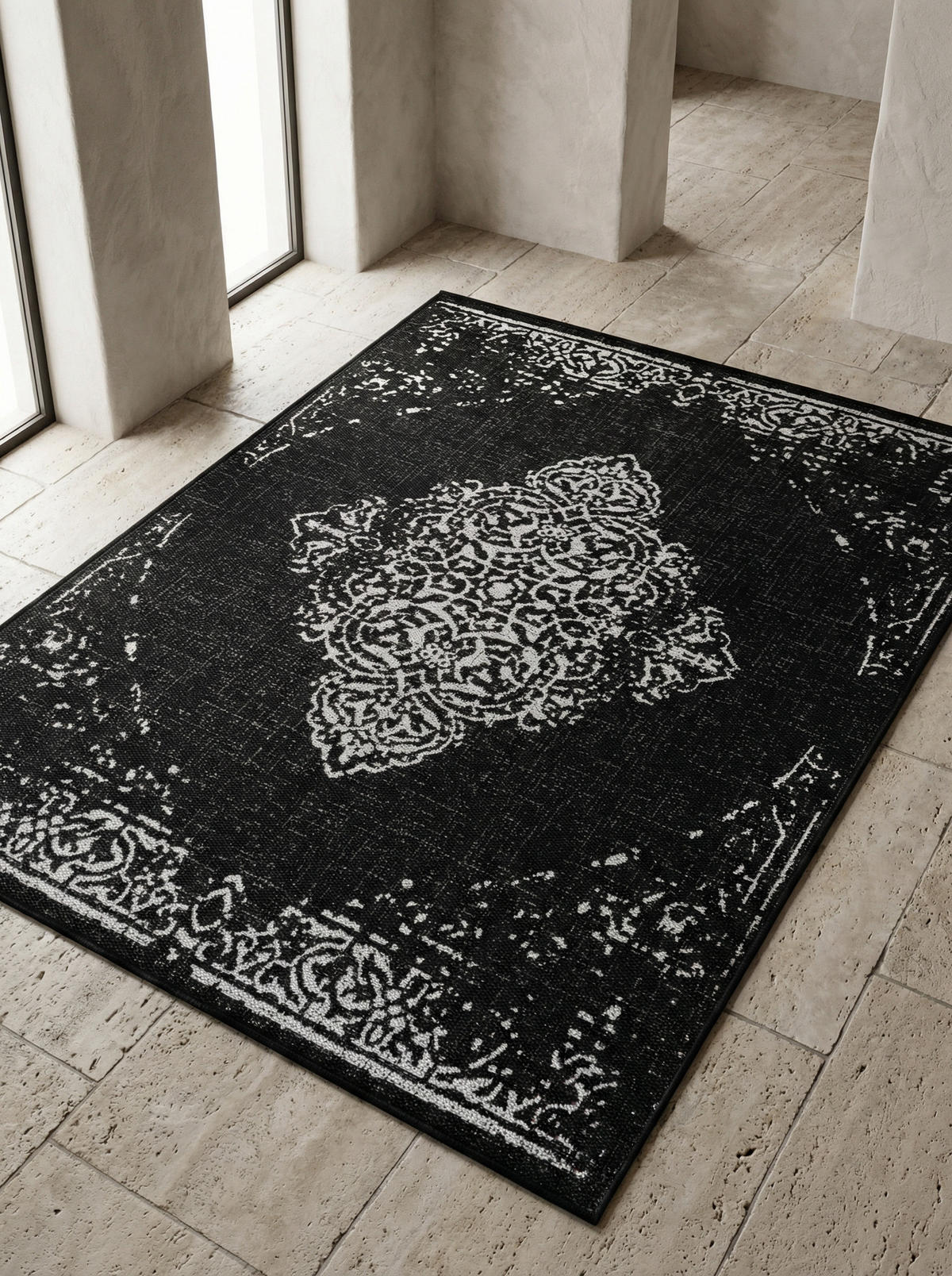 TEPPICH Outdoor Flachgewebe Vintage-Muster Polypropylen Balkon Schwarz Rechteckig 120x170 - Schwarz, Textil (120/170cm) - KADIMA DESIGN