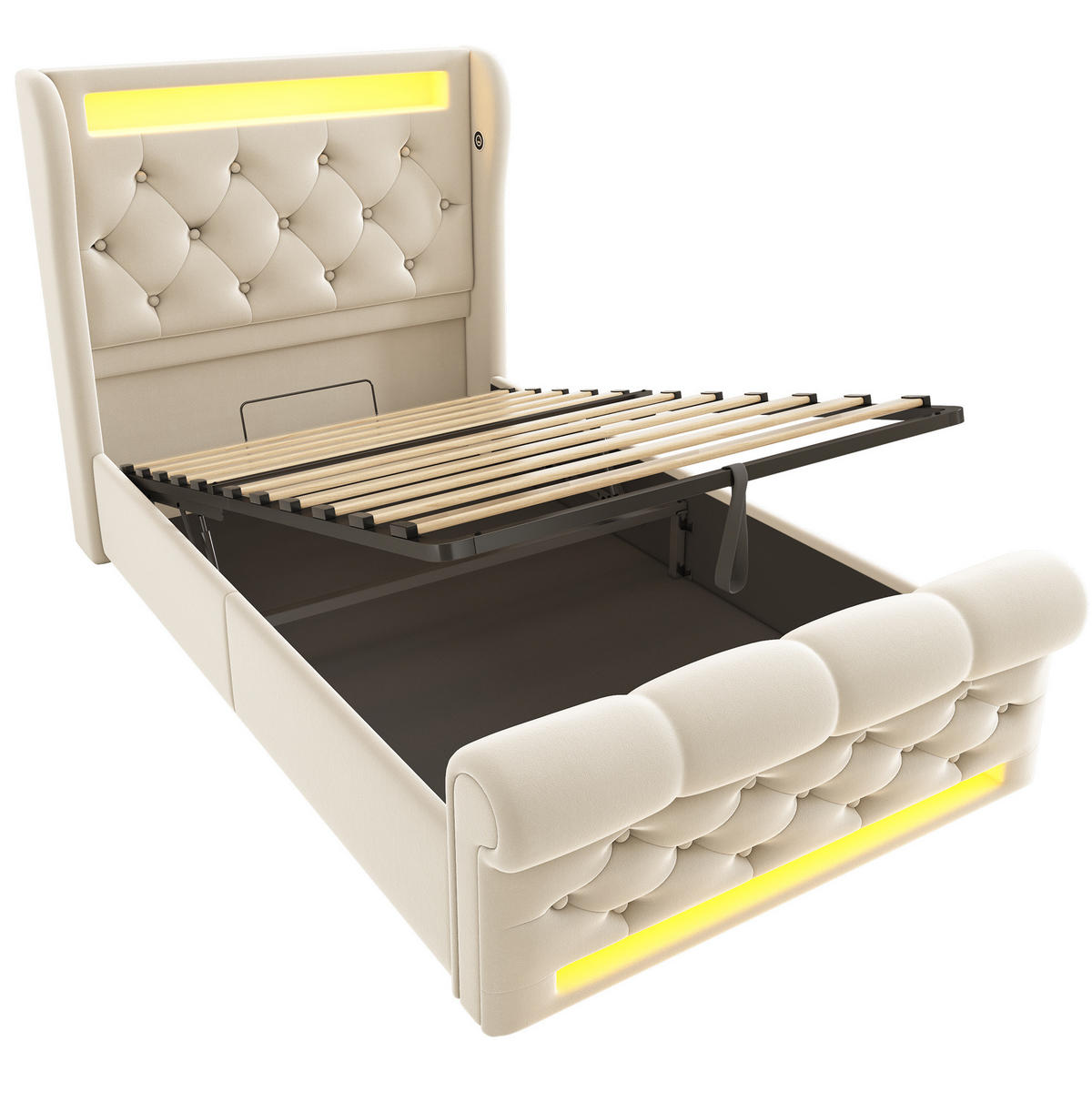 POLSTERBETT 90/200 cm in Beige mit LED-Beleuchtung und USB- und Type-C-Anschlüssen - Beige, Textil (90/200cm) - Flora Grace
