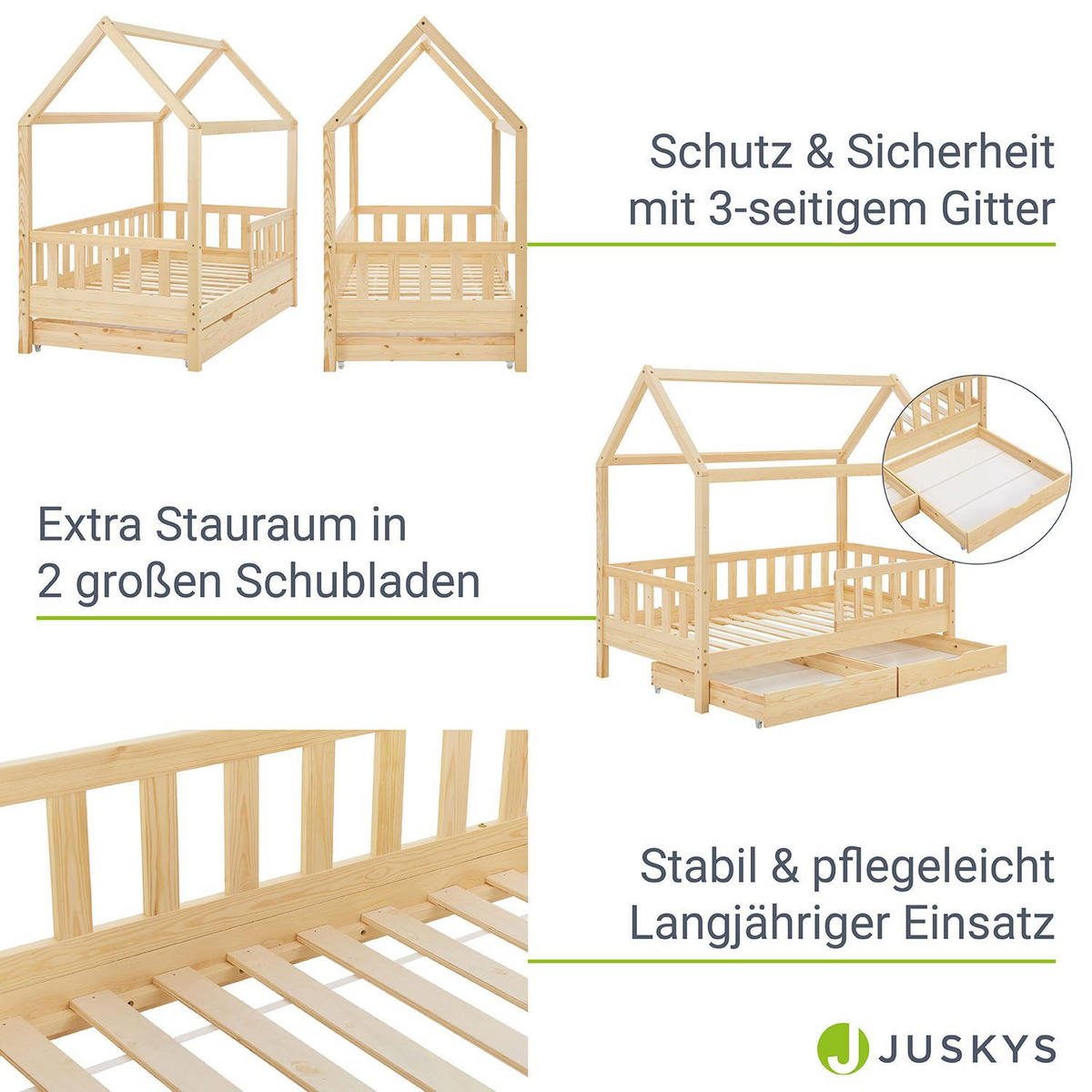 KINDERBETT Marli natur 80x160 cm mit Bettkasten und Matratze - Naturfarben, Holz (80/160cm) - Juskys