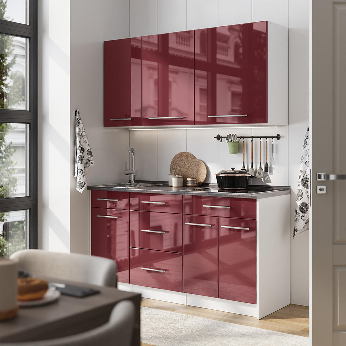 SINGLEKÜCHE Fame-Line, Bordeaux Hochglanz/Weiß, 150 cm, AP Eiche - Bordeaux/Weiß, Holzwerkstoff (150/82/60cm) - Vicco