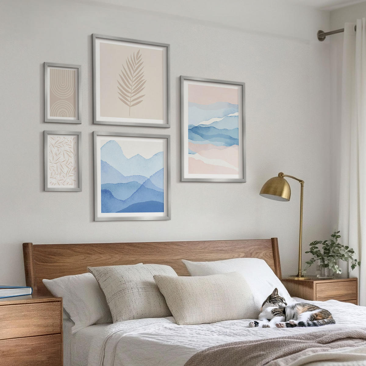 WANDBILDER 5er Set - 50x50 cm & 20x30 cm & 40x60 cm Silberner Rahmen - Blätterwellen beige blau - Silberfarben, Kunststoff (40/60cm) - ArtPrintCave