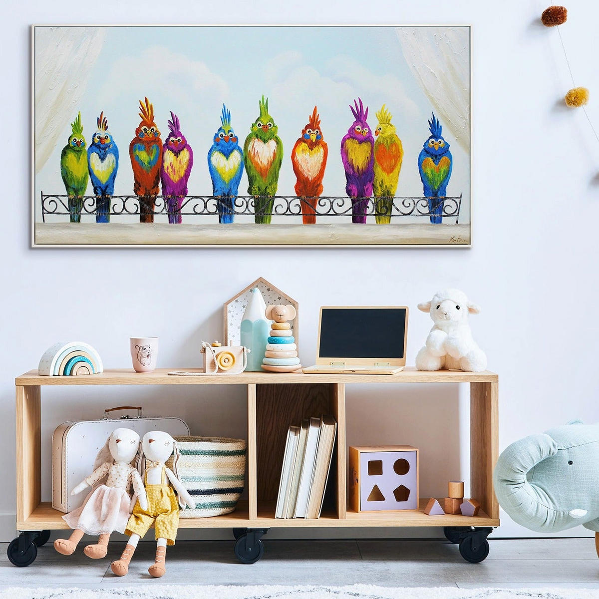GEMÄLDE Lustige Vögel Schattenfugenrahmen weiß 160x80 cm - Weiß, Holz (160/80cm) - YS-art gallery
