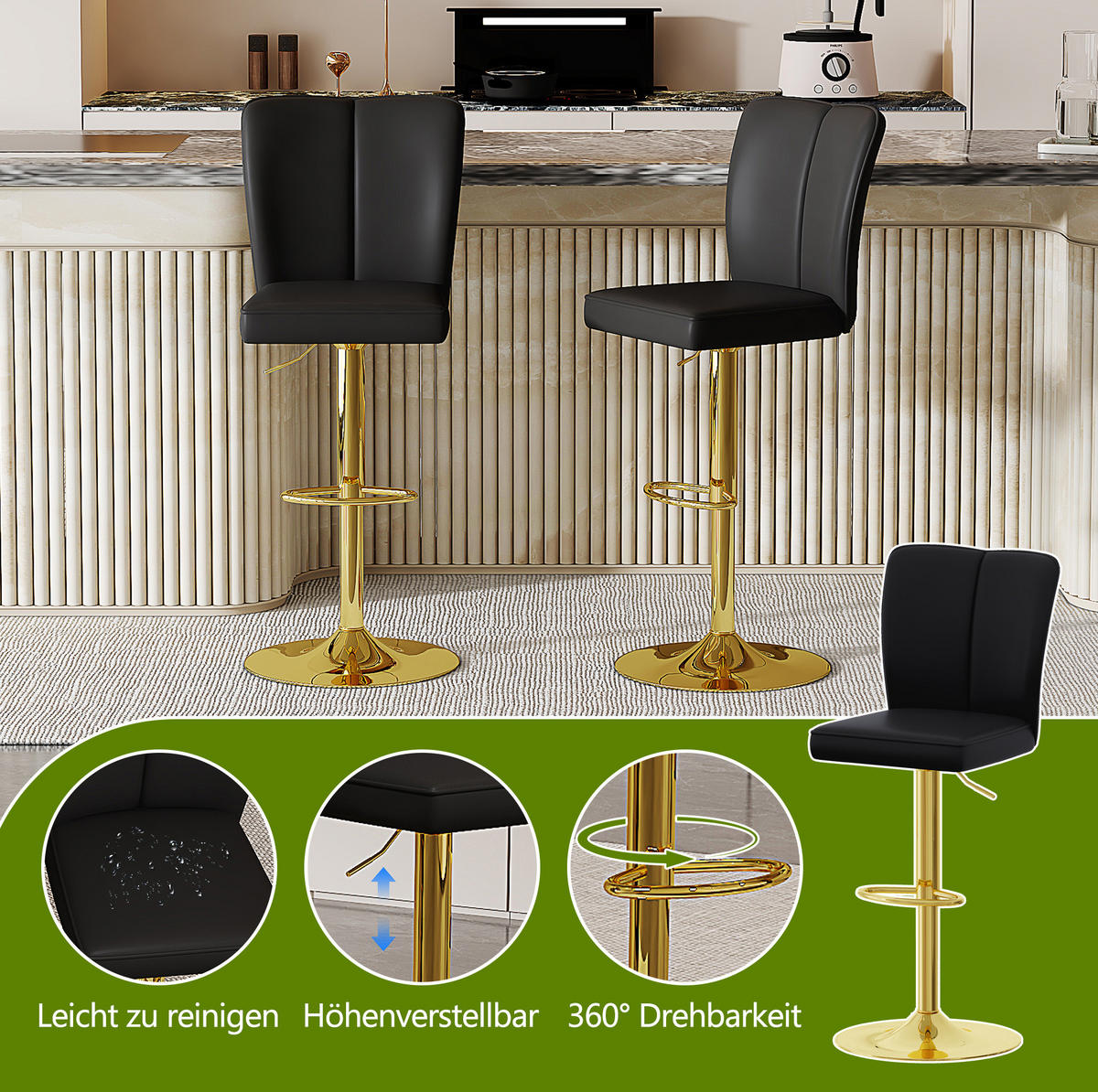 BARHOCKER höhenverstellbar drehbar 63-85 cm Schwarz-Gold 2er-Set - Goldfarben, Metall (44/117.5/44.5cm) - Meubliv