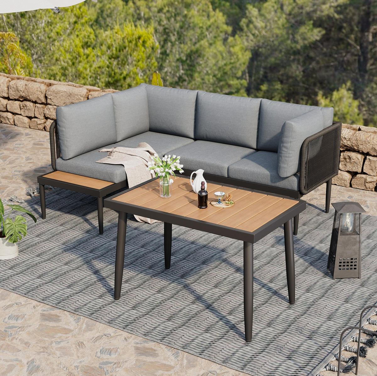 GARTENSET 178x139x68cm grau aus Stahl und Olefin, handgewebt - Grau, Metall - Modfu