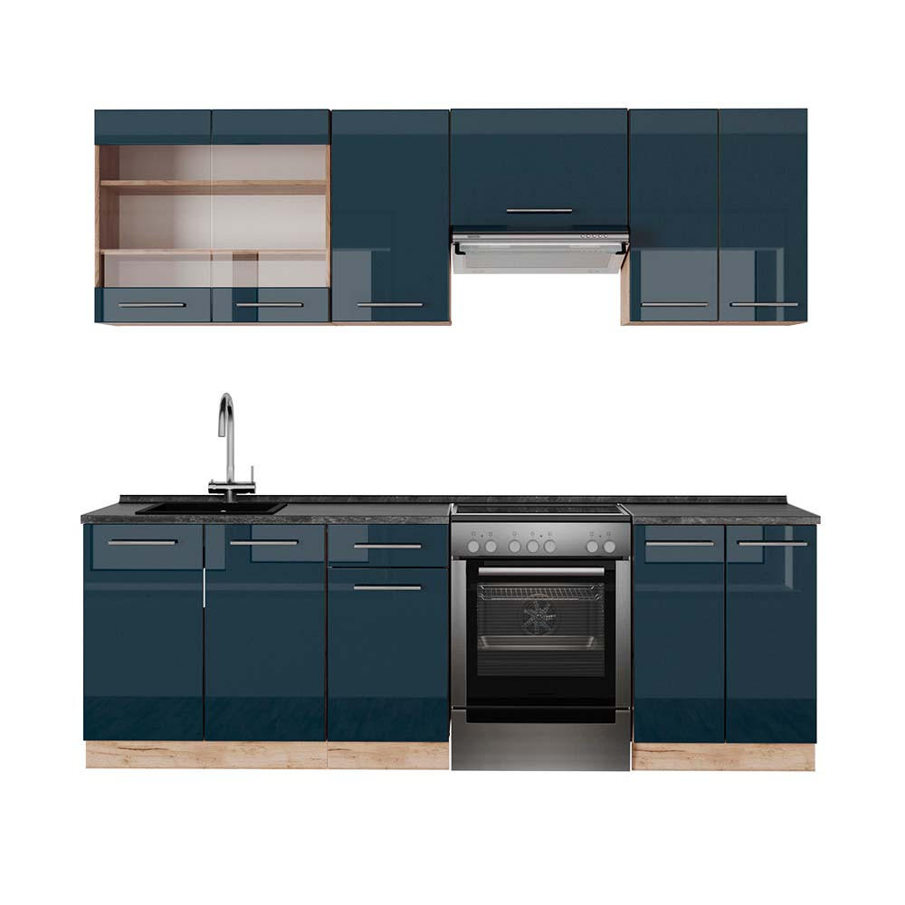 KÜCHENZEILE Fame-Line Dunkelblau Hochglanz/Goldkraft Eiche 240 cm AP Anthrazit - Eiche Wotan/Dunkelblau, Holzwerkstoff (240/81.6/60cm) - Vicco