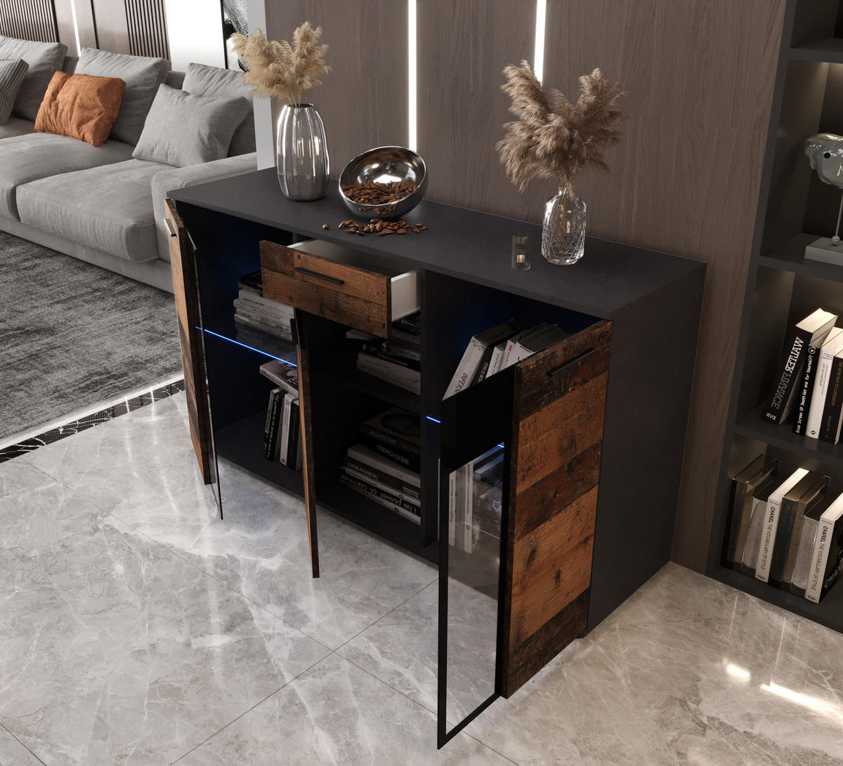 KOMMODE London LSK mit 3 Türen, Sideboard in Farbe: Dunkelbraun|Schwarz, Größe: 140 x 80 x 40 cm - Dunkelbraun/Schwarz, Holzwerkstoff (140/80/40cm) - O-Sofa