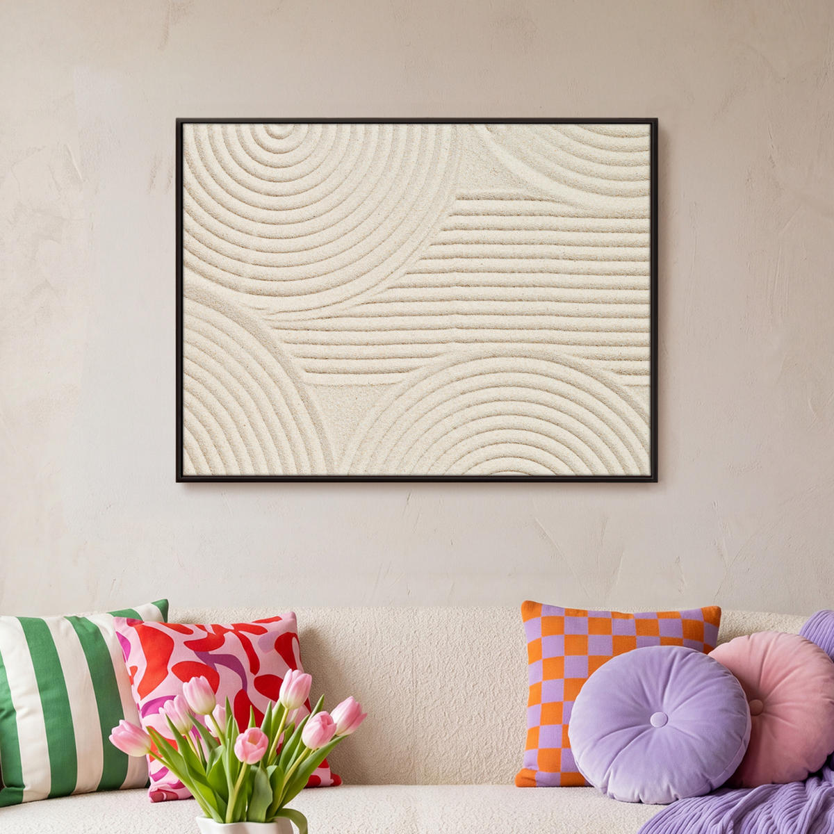LEINWAND Bilder mit Rahmen - Muster - Abstrakt - Weiß - 80x60 - Beige, Textil (80/60cm) - MuchoWow