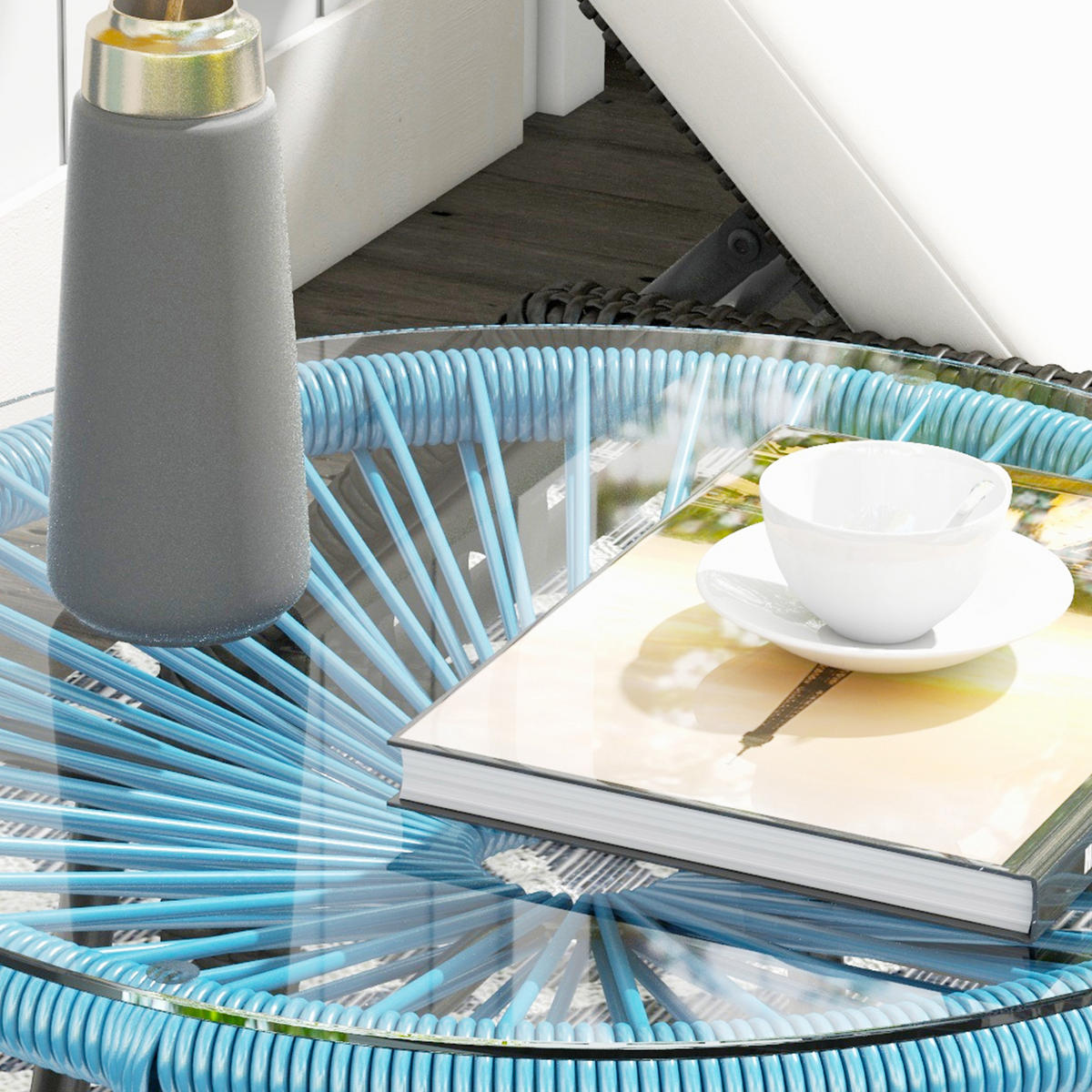 GARTENBEISTELLTISCH DE-13583 rund mit Glasplatte, PE-Rattan Natur - Blau, Metall (50/50/50cm) - ComfortXL