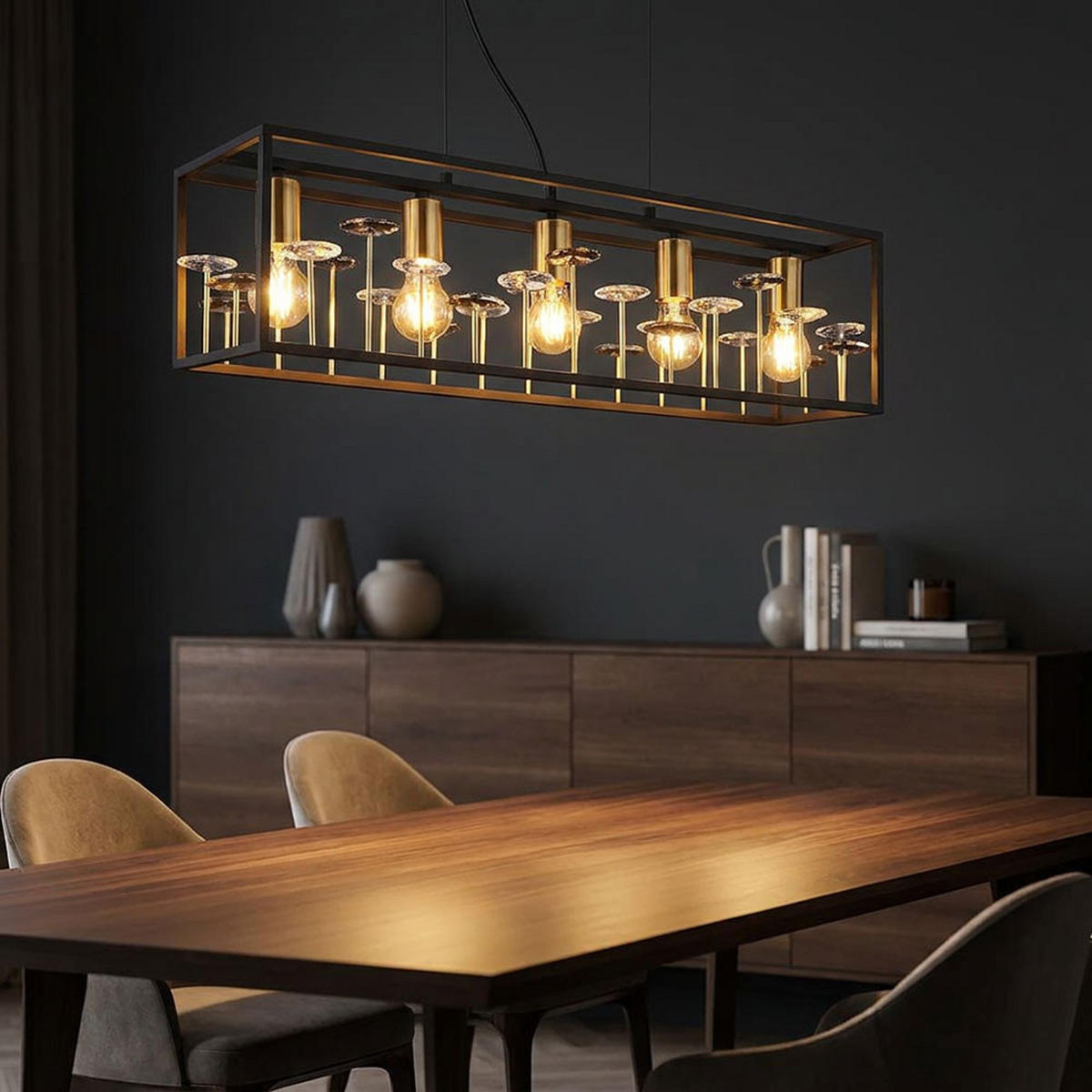 LED HÄNGELEUCHTE Metall Schwarz Rauchkristalle 5-flammig - Schwarz, Metall (77/18/120cm) - Globo Lighting