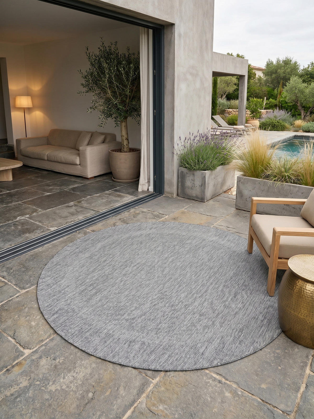 TEPPICH Balkon Unifarben Pflegeleicht Waschbar Terrasse Rund Grau 160x160 cm – ALSTER - Grau, Textil (160/160cm) - KADIMA DESIGN