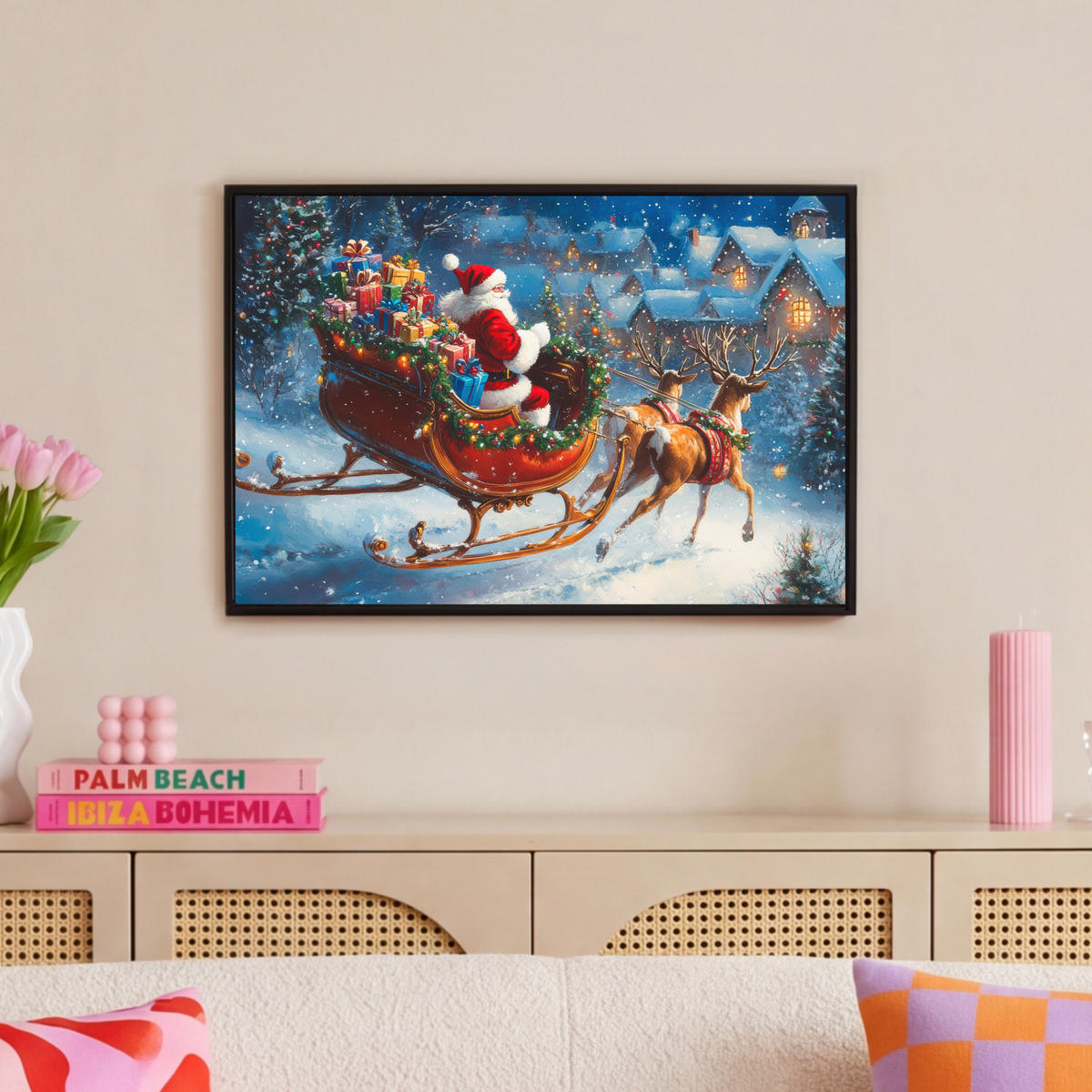 LEINWAND Bilder mit Rahmen - Weihnachtsmann - Rentier - Weihnachten - Schnee - 60x40 - Cognac, Textil (60/40cm) - MuchoWow