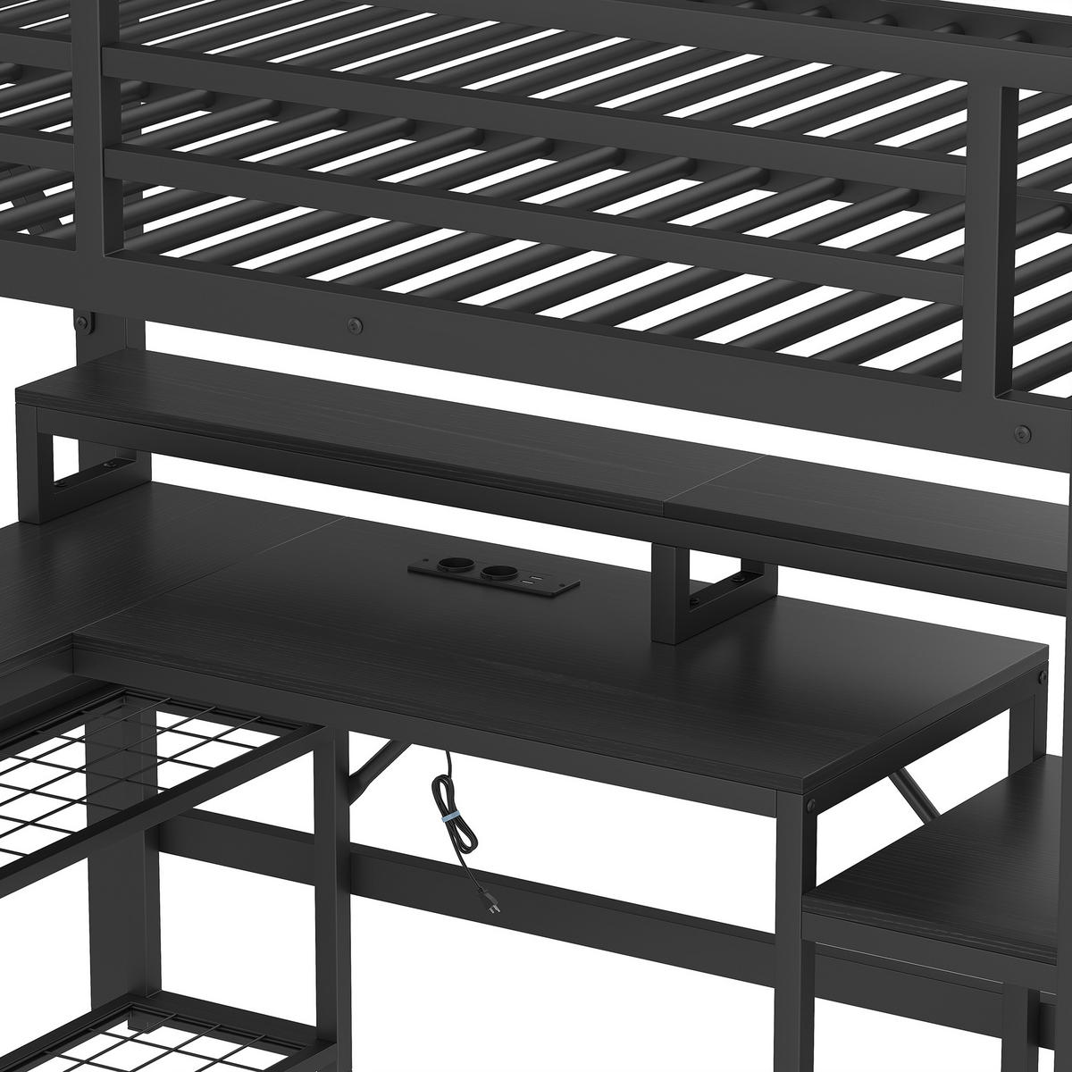 HOCHBETT 140x200cm Schwarz Metall LED-Licht Schreibtisch USB - Schwarz, Metall (140/200cm) - FLIEKS