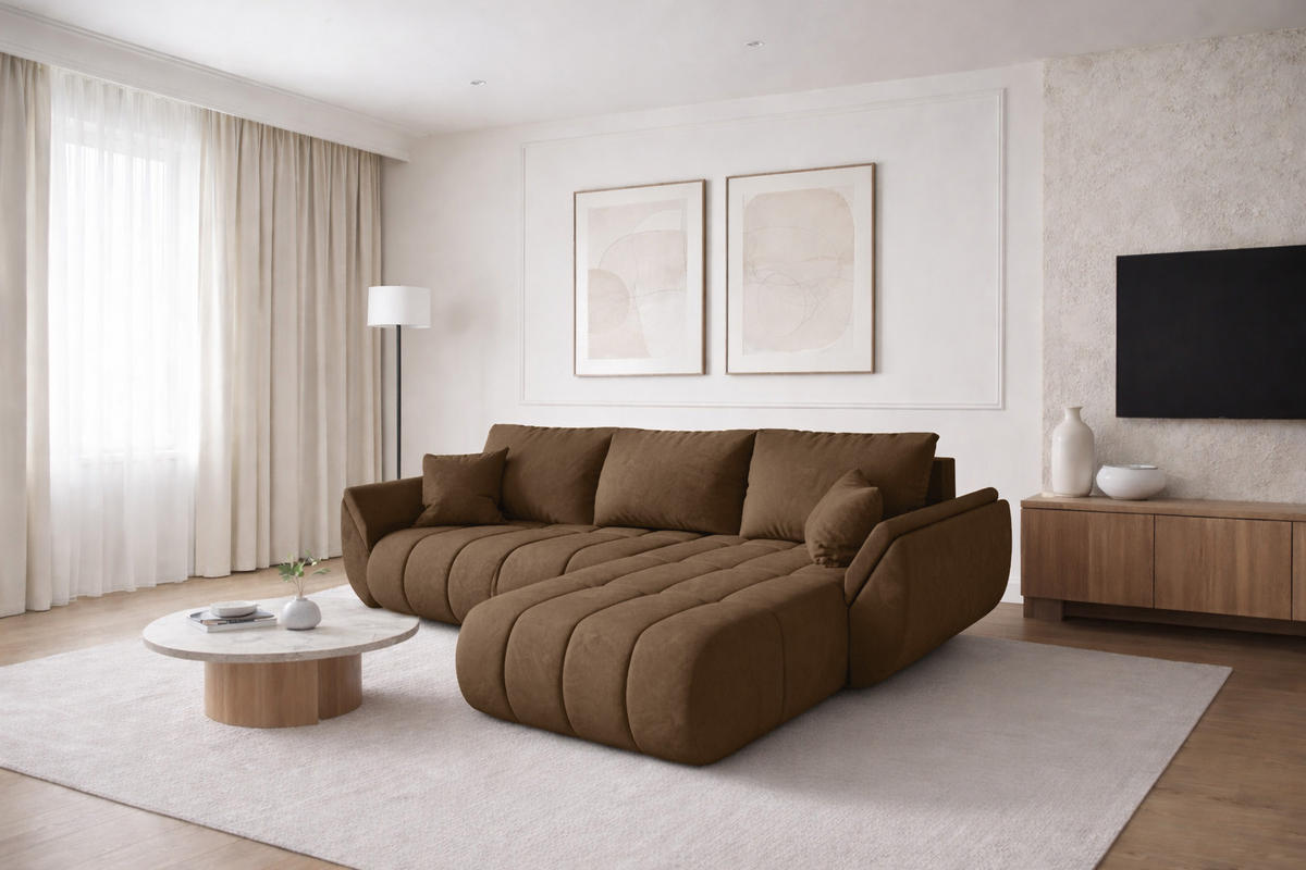 ECKSOFA TOKYO PREMIUM mit Schlaffunktion, Stoff MONOLITH, Hellbraun, Rechts - Hellbraun, Holz (280/190cm) - Kaiser Möbel