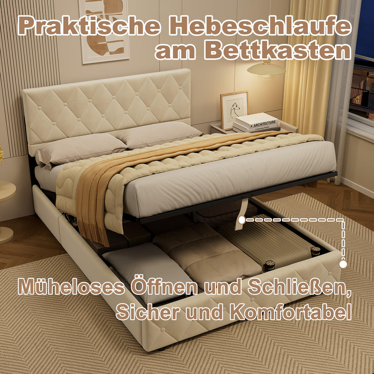 POLSTERBETT 140/200 cm in Beige Samt mit Bettkasten, hydraulischem Doppelhub-System und Lattenrost - Beige, Holzwerkstoff/Textil (140/200cm) - CHICFURN