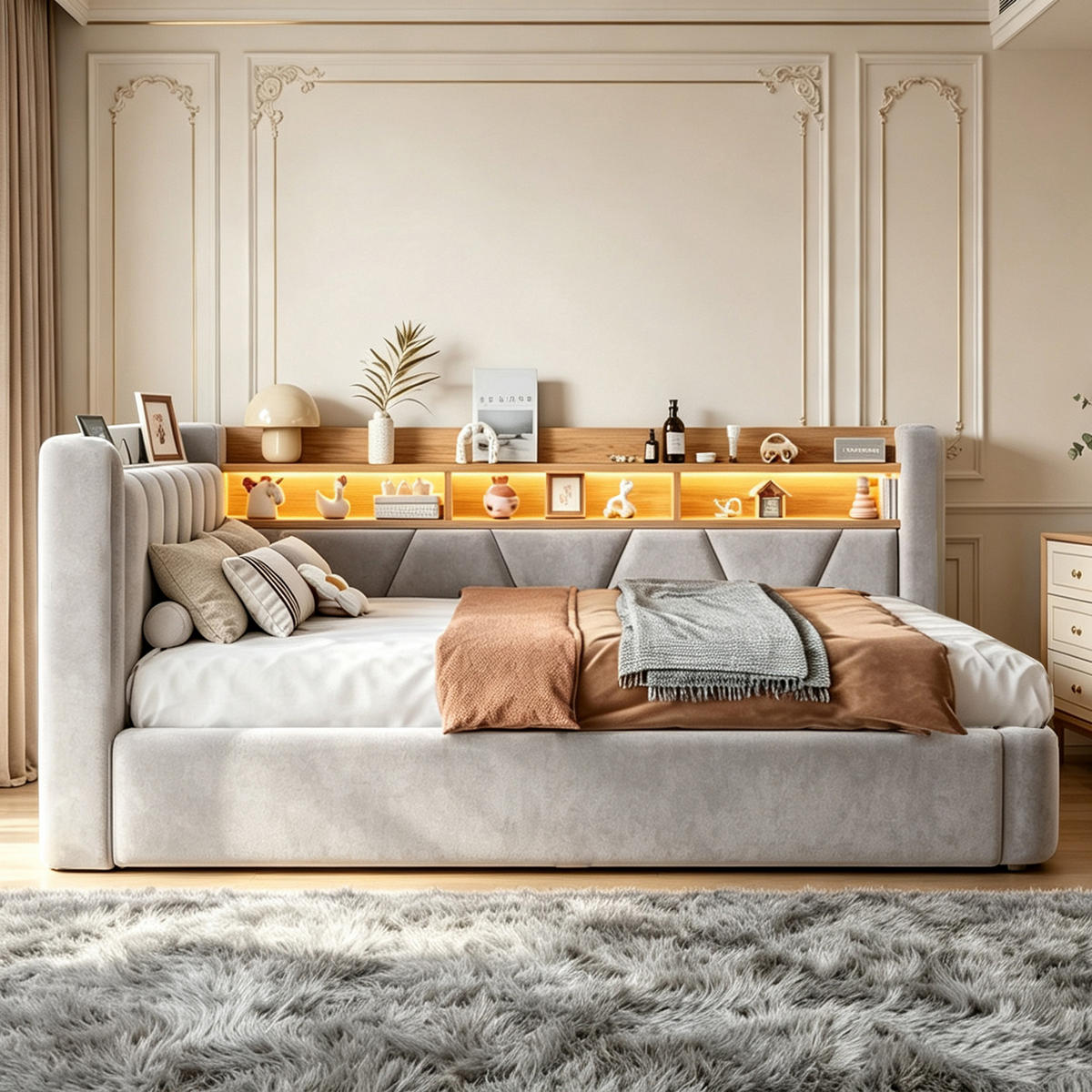 BOXBETT 90/200 mit LED/Regal/USB/Bettkasten, Samt, Grau - Grau, Holz (90/200cm) - LVHOM