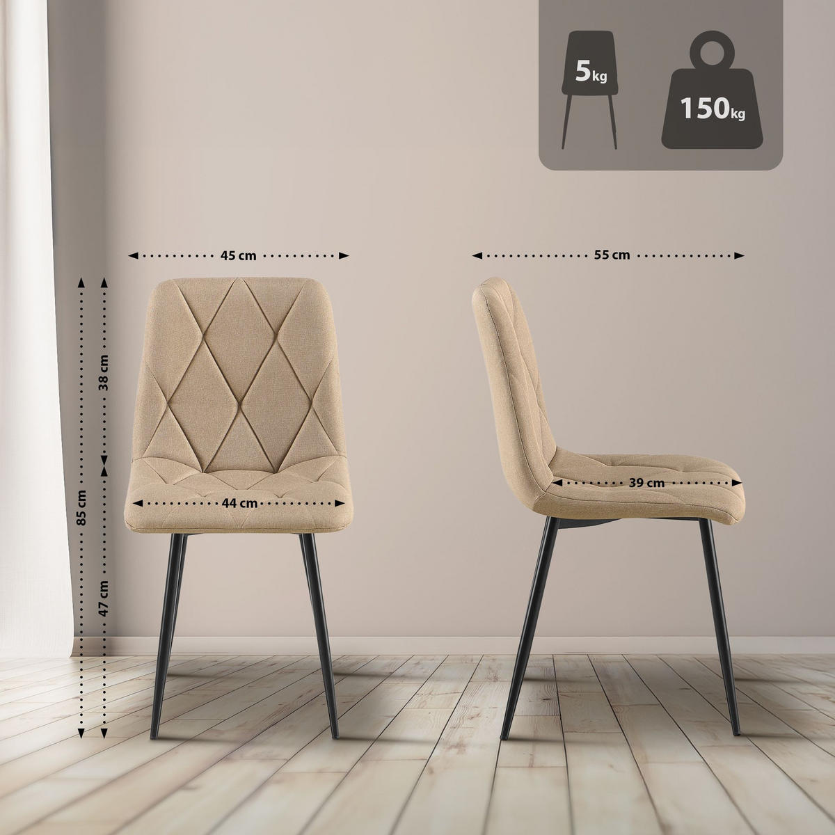 ESSZIMMERSTUHL Stoff Taupe - Taupe/Schwarz, Textil/Metall (45/85/55cm) - CLP