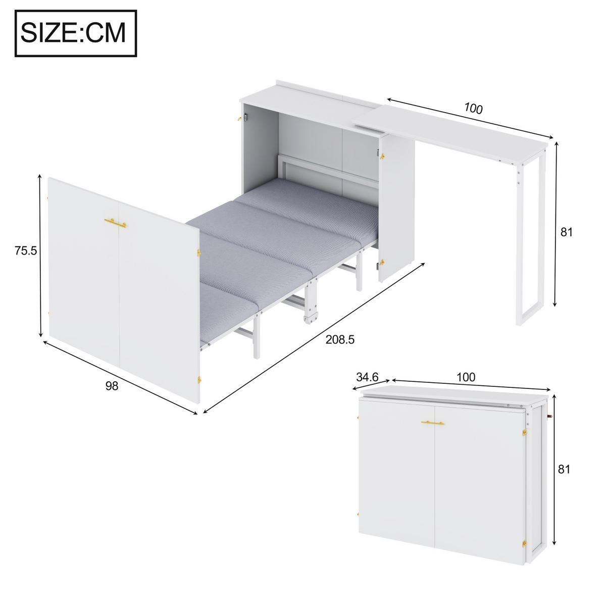 SCHRANKBETT Klappbett 90/200 cm aus Metall und Holz mit drehbarem Schreibtisch und Matratze Weiß/Holzfarbe - Weiß, Metall (90/200cm) - Modenvie
