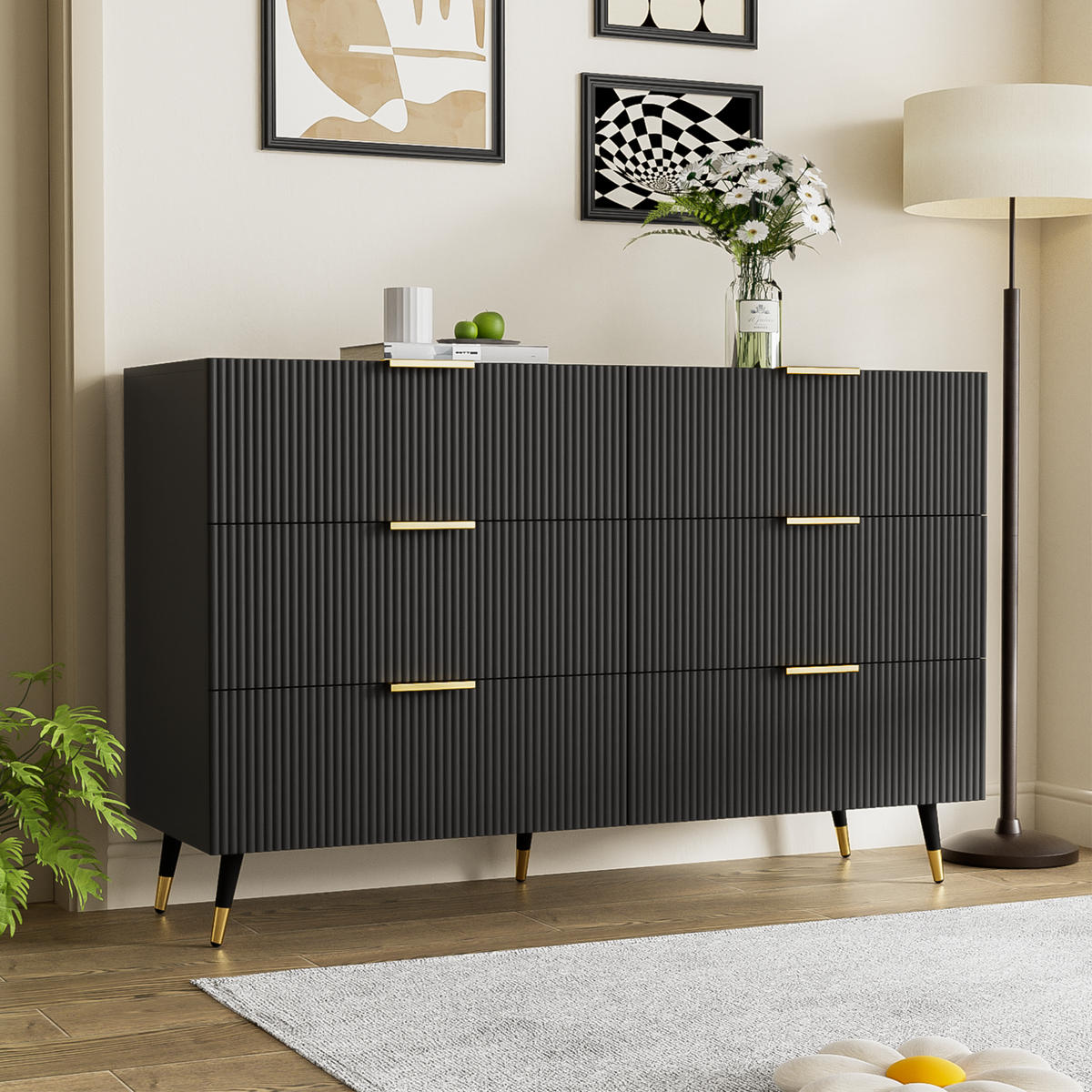 KOMMODE aus Spanplatte 120x77x40cm in Schwarz mit 6 Schubladen - Schwarz, Holzwerkstoff (120/77/40cm) - Modfu