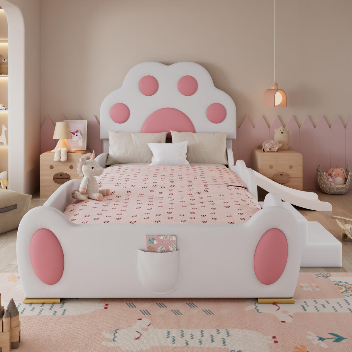 KINDERBETT 90/200 cm DE-02249, in Weiß/Rosa, mit Katzenpfoten-Kopfteil, Rutsche und Leiter - Pink/Weiß, Holzwerkstoff (90/200cm) - ComfortXL