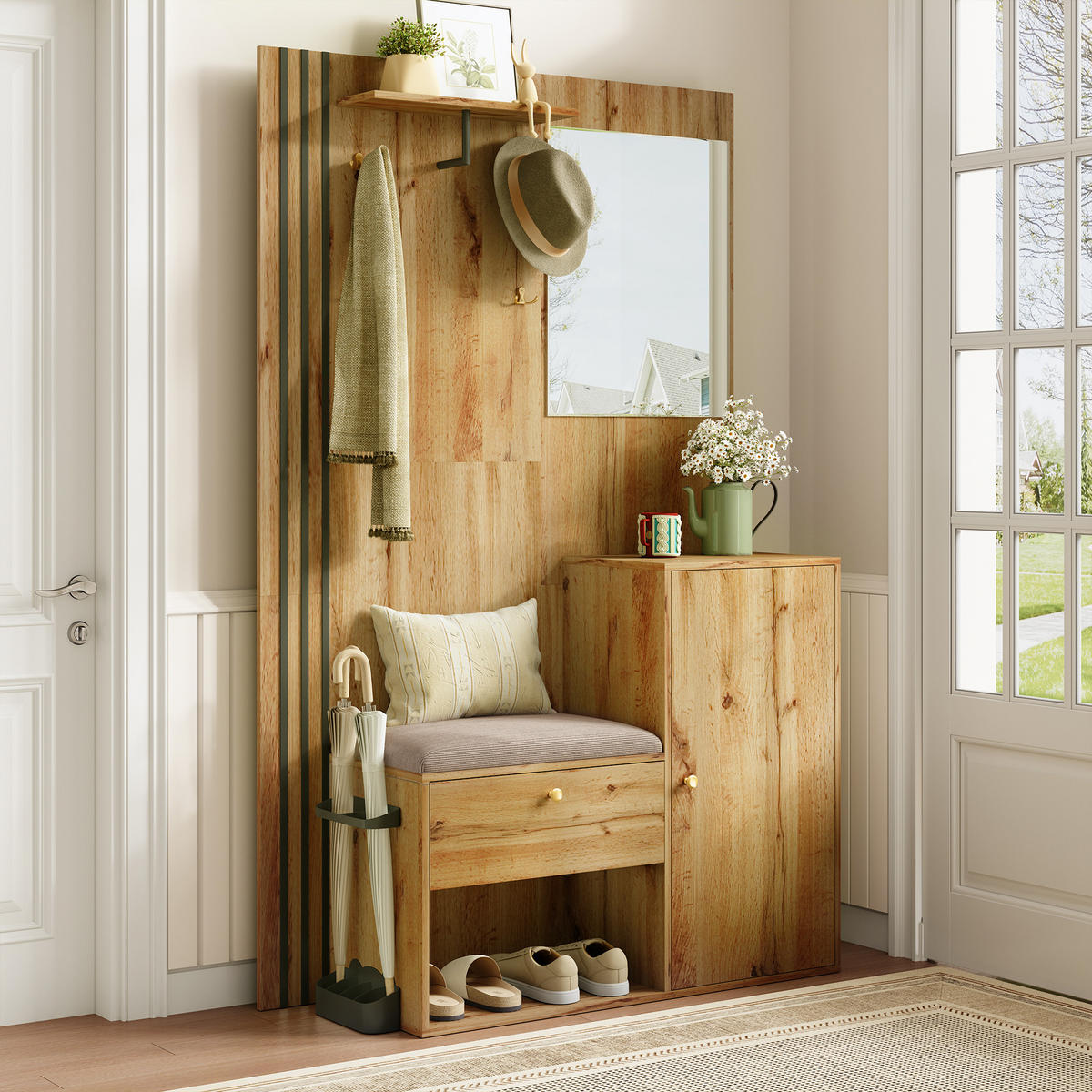 GARDEROBE-SET in Naturfarben Garderobenschrank mit Spiegel und Kissen für Eingangsbereich und Flur, B115/T37/H185 cm - Naturfarben, Glas/Holzwerkstoff (115/185/37cm) - STILVORA