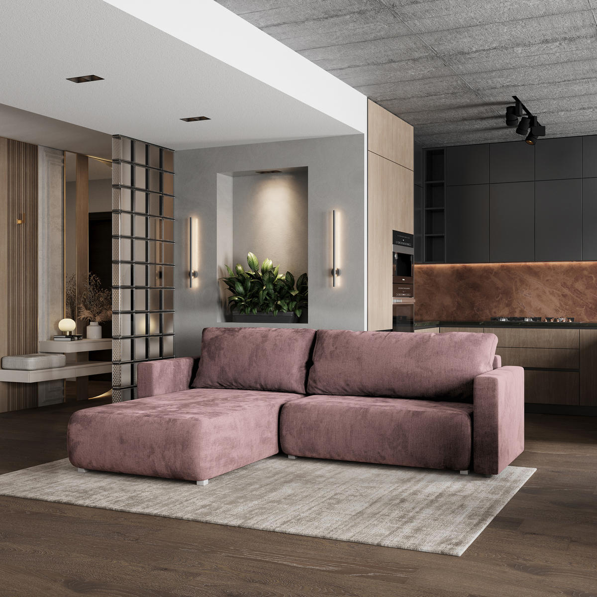 ROHOVÁ SEDAČKA TURIN šeříková - šedá/šeříková, dřevo/textil (265/183cm) - MASSENO