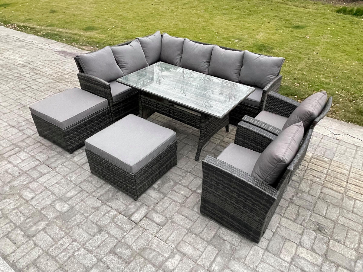 SITZGRUPPE mit Esstisch,2 Fußhocker,2 Stuhl Polyrattan Dunkelgrau 10-Sitzer - Dunkelgrau/Grau, Glas/Kunststoff - Fimous