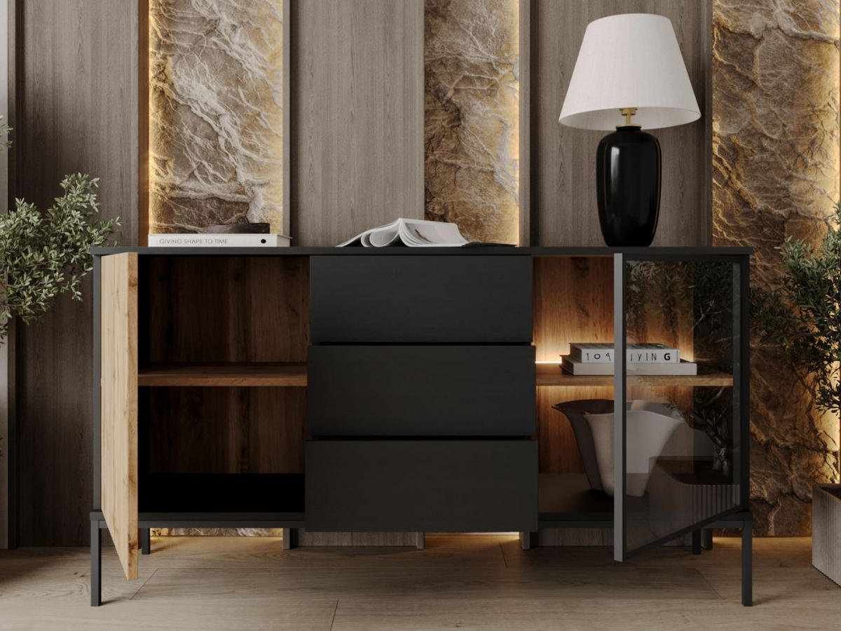 KOMMODE Graphit, Wotan Eichefarben 154/83/39 cm Deo - Eiche Wotan/Schwarz, Glas/Holz (154/83/39cm) - Graingold