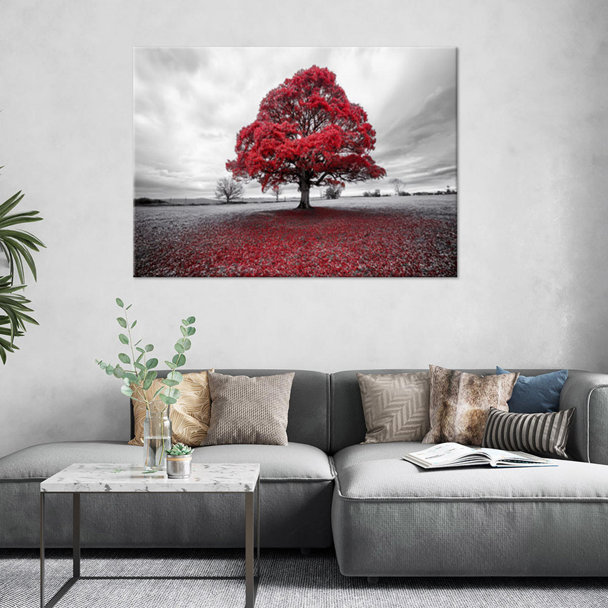 LEINWANDBILD Rote Baumlandschaft 90x60cm - Grau, Textil (90/60cm) - Feeby