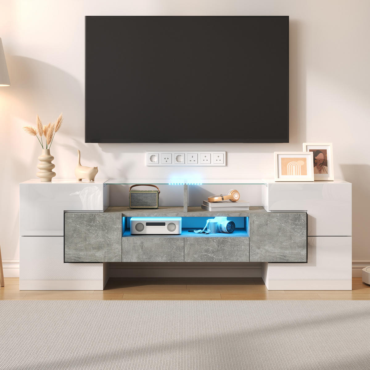 TV-SCHRANK in Hochglanz Weiß/Beton mit LED, 6 Türen und 2 Schubladen 145/30/51 cm - Weiß, Holzwerkstoff (145/51/30cm) - Redom