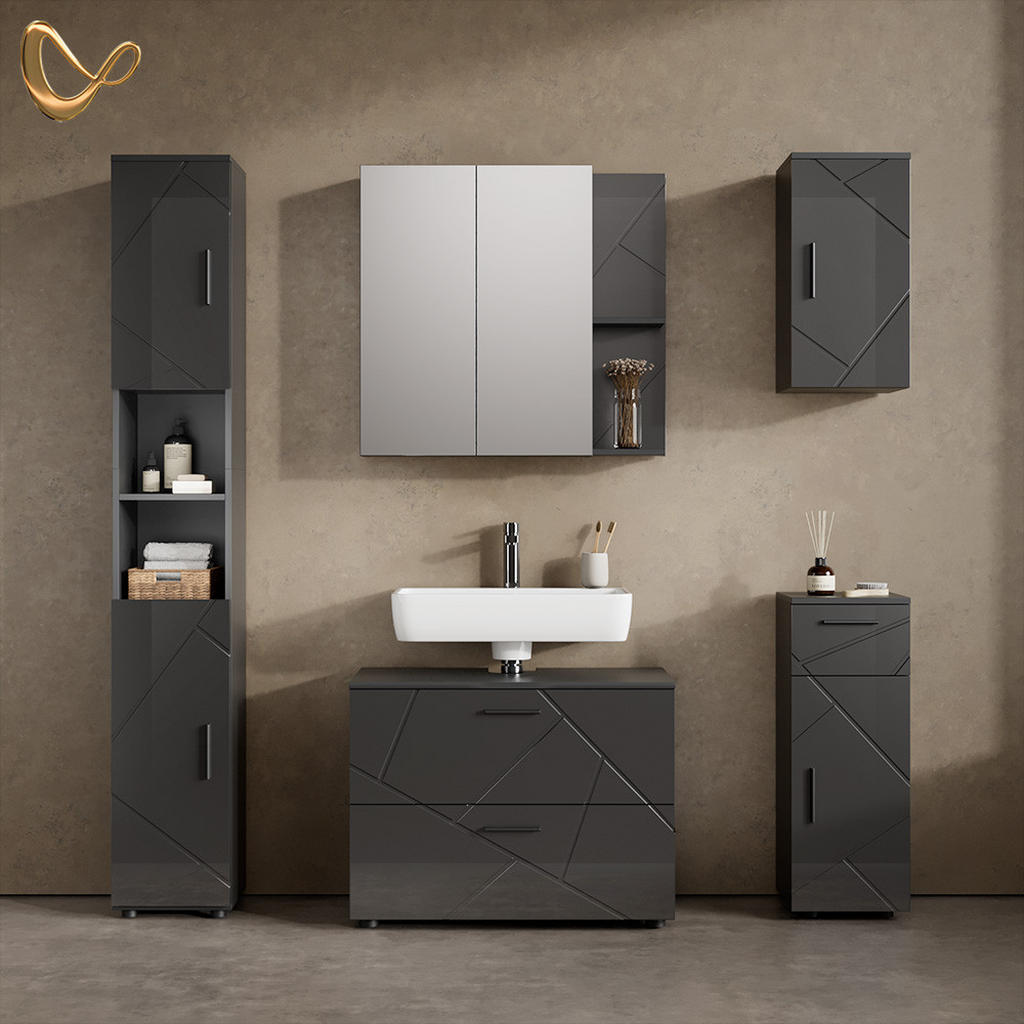 Thumbnail - Livinity® Spiegelschrank, Anthrazit, Anthrazit, Holzwerkstoff, 5 Fächer, Rechteckig, 80x75x17.2 cm, Badezimmer, Badezimm...