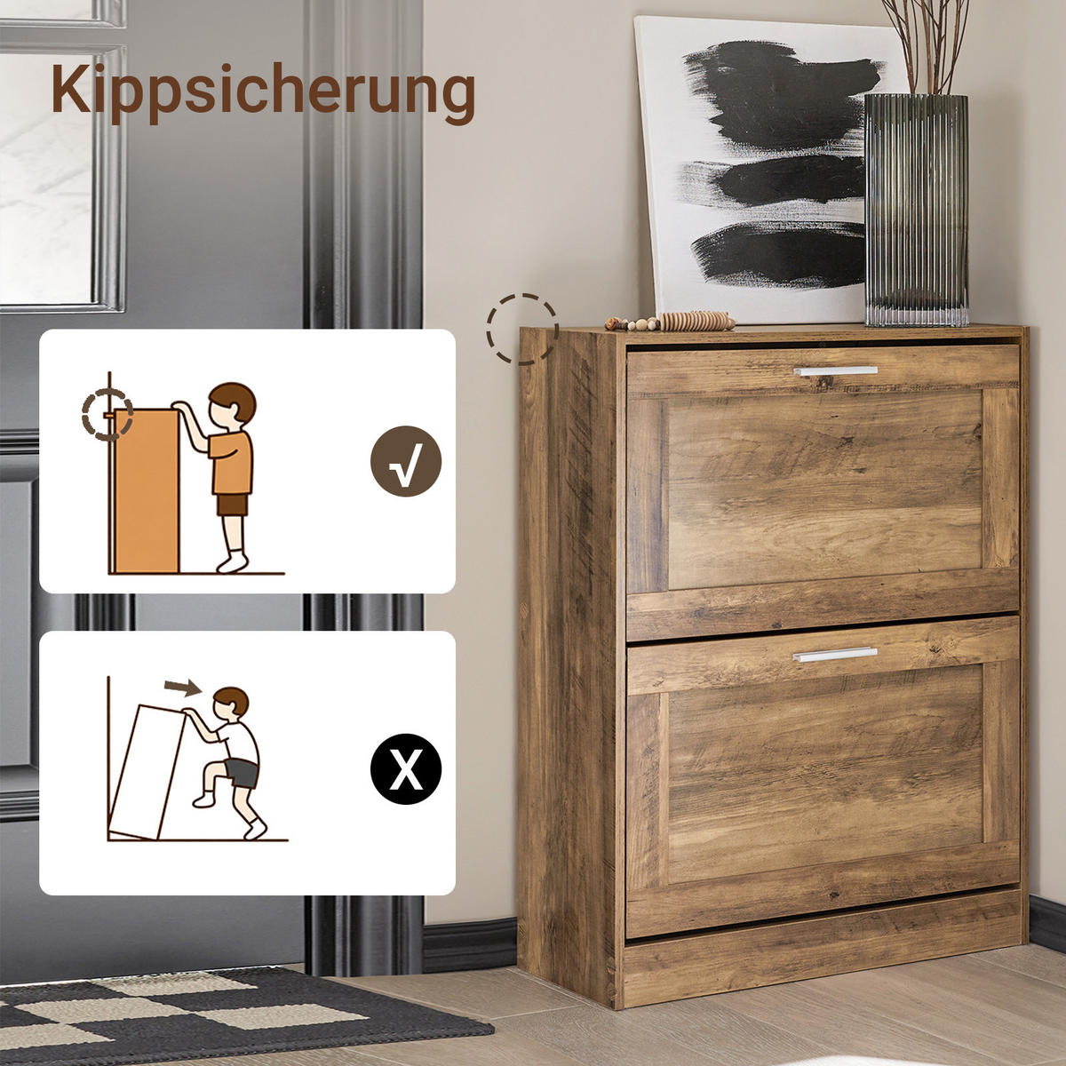 SCHUHSCHRANK Braun, 23 cm tief, 79 cm hoch, 2 Klappen, Einlegeboden verstellbar, ca. 8 Paar Schuhe, für Flur und Diele - Braun/Weiß, Holzwerkstoff/Metall (60/79/23cm) - SoBuy