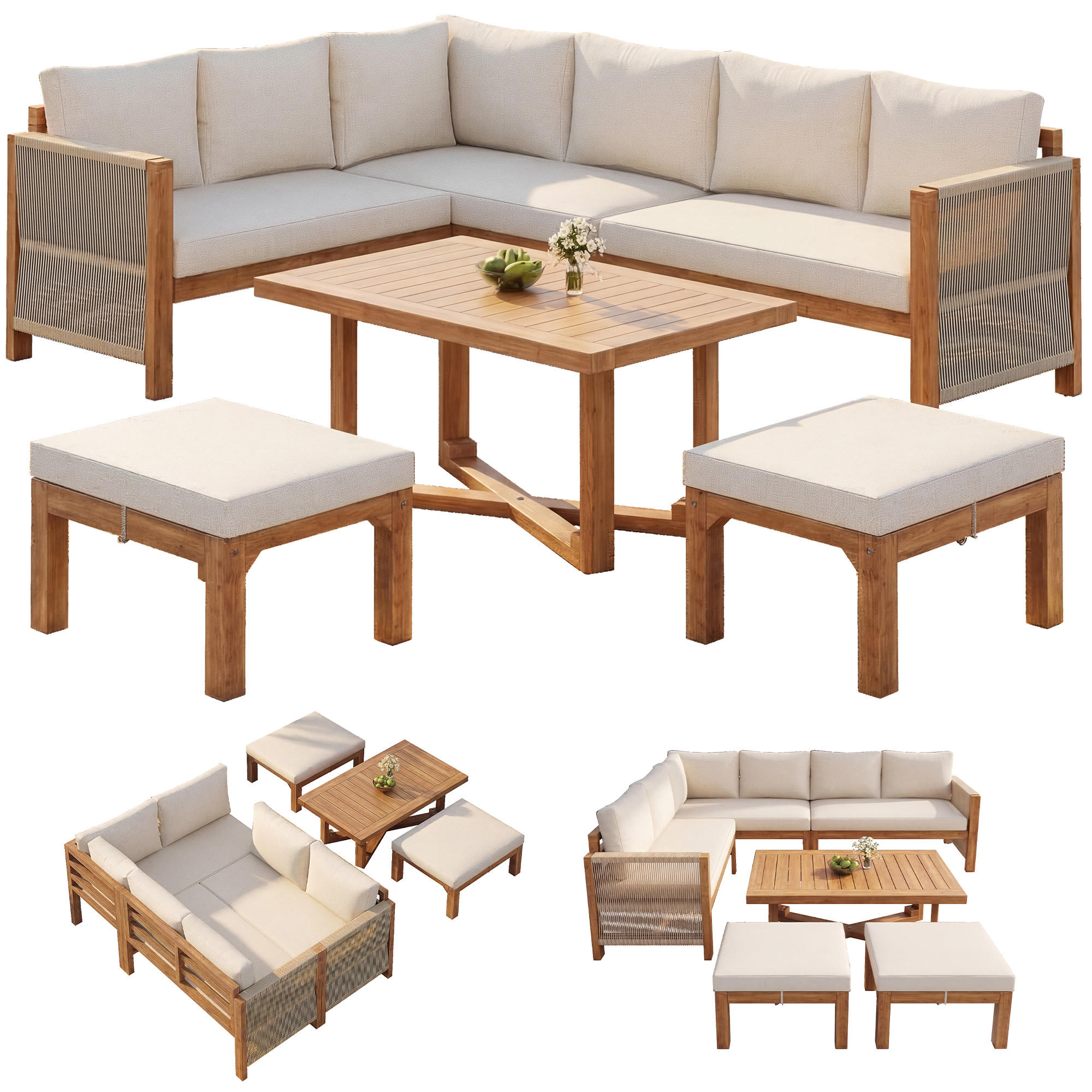 GARTENLOUNGE Akazienholz 6 Sitzer Ecksofa Kissen Tisch Hocker - Beige, Holz - FLIEKS