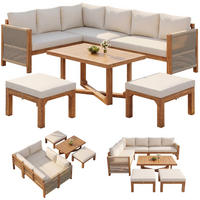 GARTENLOUNGE Akazienholz 6 Sitzer Ecksofa Kissen Tisch Hocker - Beige, Holz - FLIEKS