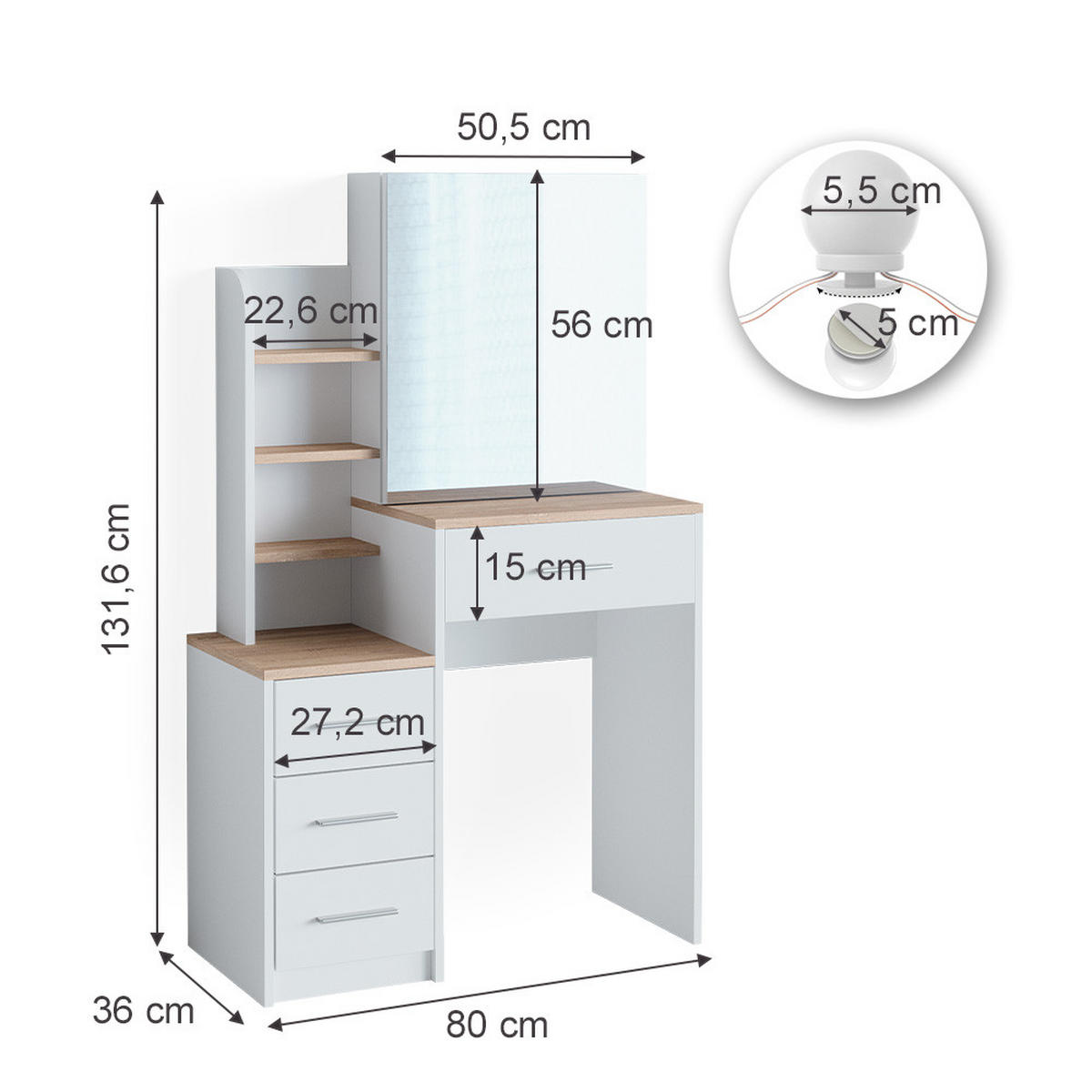 SCHMINKTISCH Conrada Weiß/Sonoma 80 cm mit LED Beleuchtung - Weiß/Sonoma Eiche, Holzwerkstoff (36/131.6/80cm) - Vicco