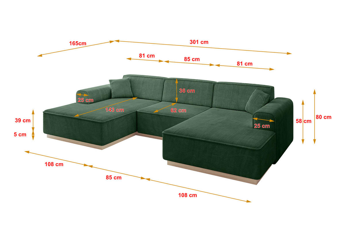 WOHNLANDSCHAFT IREA-U1 - 301x165x80 cm Grün - Currygelb, Holzwerkstoff/Textil (301/80/165cm) - ALTDECOR