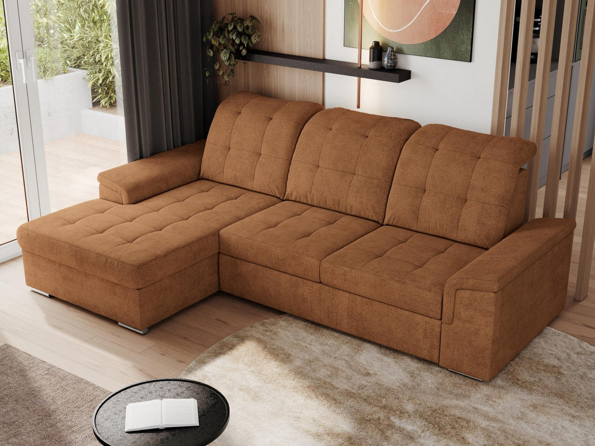 ECKSOFA MADRITO L - Orange Struktur - Links - Silberfarben/Orange, Textil/Metall (160/256cm)
