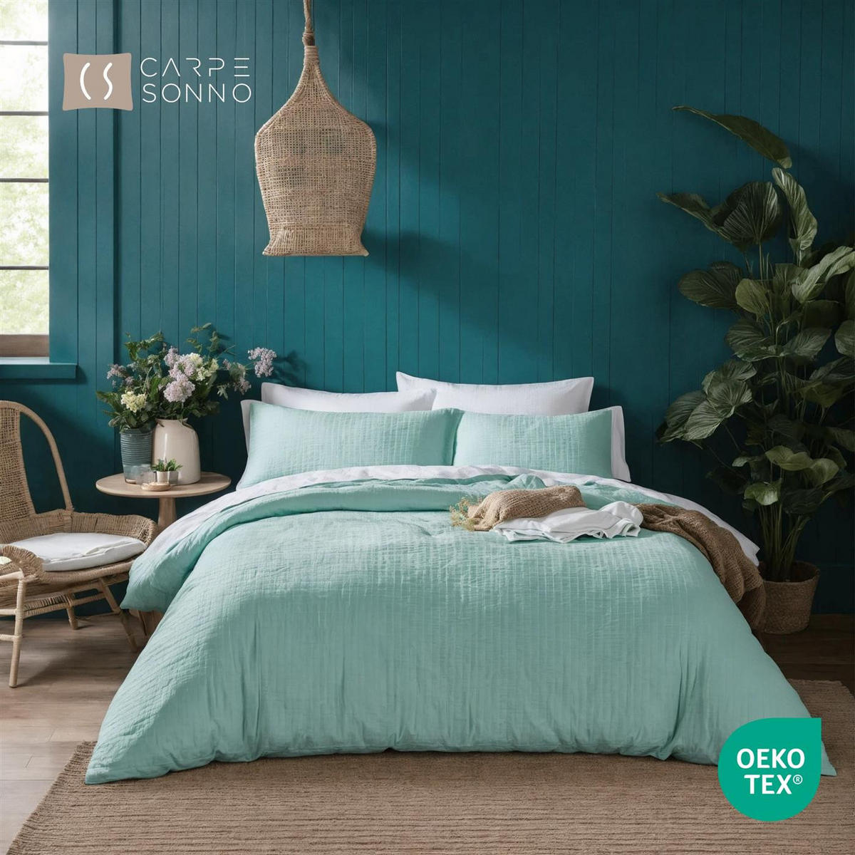 SEERSUCKER-BETTWÄSCHE 135x200 Uni Sommer Bettbezug Bügelfrei aus 100% Baumwolle, Bettbezüge einfarbig Mint Grün - Mintgrün, Textil (135/200cm) - Carpe Sonno