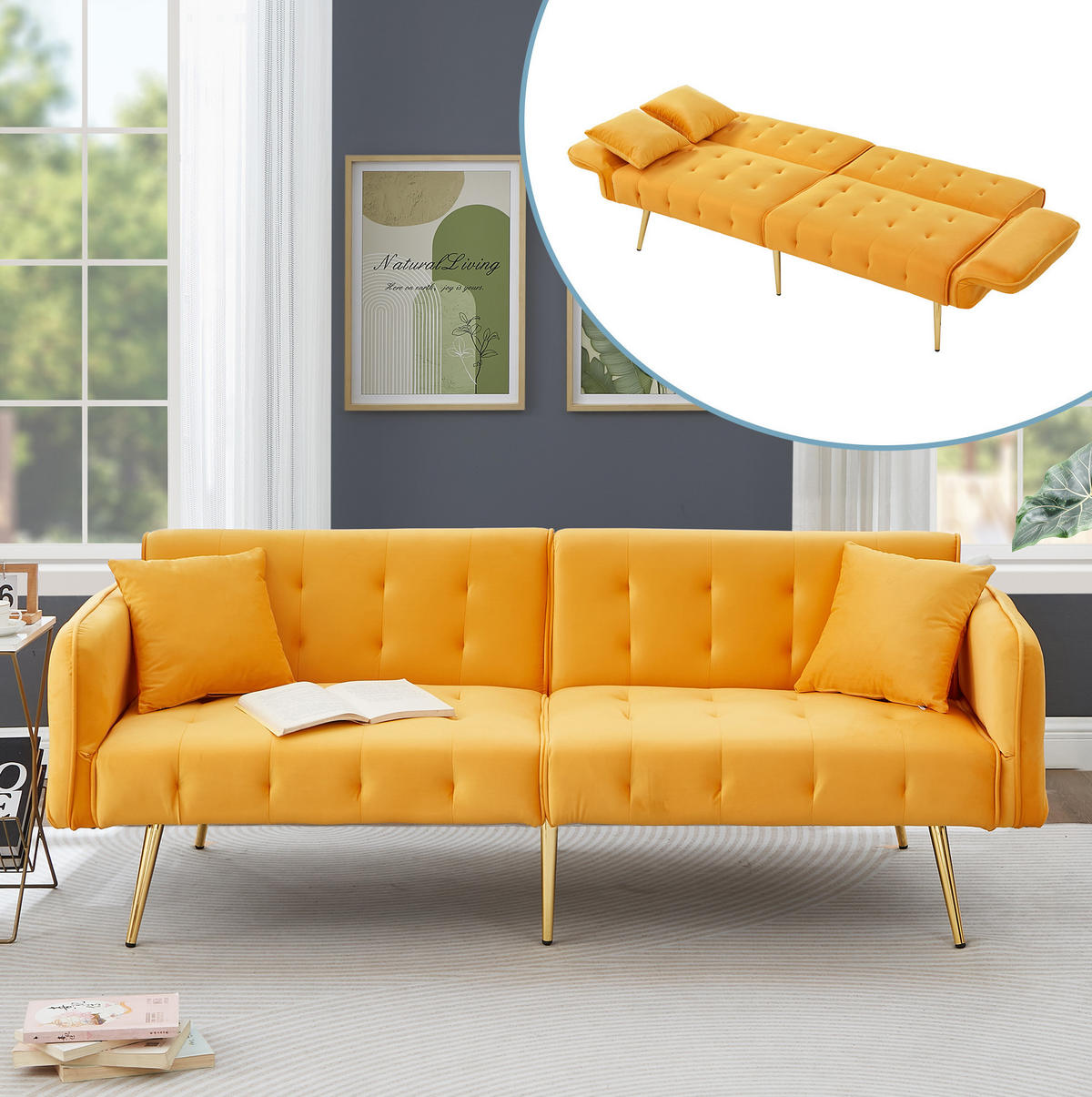 SOFABETT 2-in-1 mit Schlaffunktion 215 x 81,5 cm Velours Yellow - Gelb, Kunststoff (178/70/82cm) - Meubliv