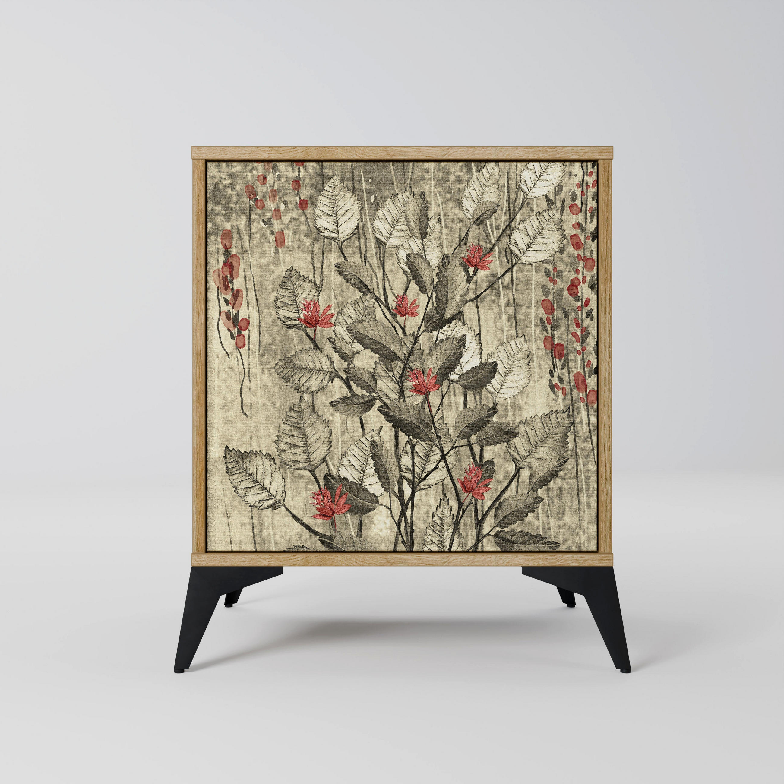 SIDEBOARD HERBAL GRACE, Eichefarben, 57,5x42x70,5 cm, Schwarze Metall-Sternfüße - Eichefarben/Multicolor, Holzwerkstoff/Metall (57.5/70.5/42cm) - SpaceRebels