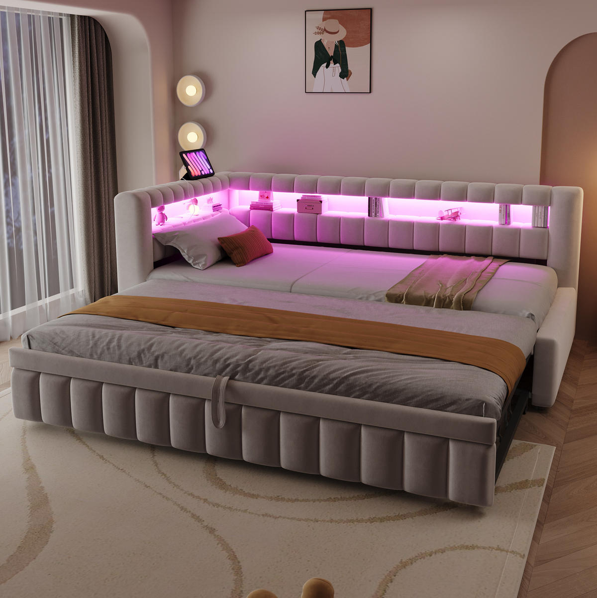 POLSTERBETT 90/200 cm aus Samt mit LED-Beleuchtung und USB-Anschluss, Beige - Beige, Textil (90/200cm) - OKMYHOME